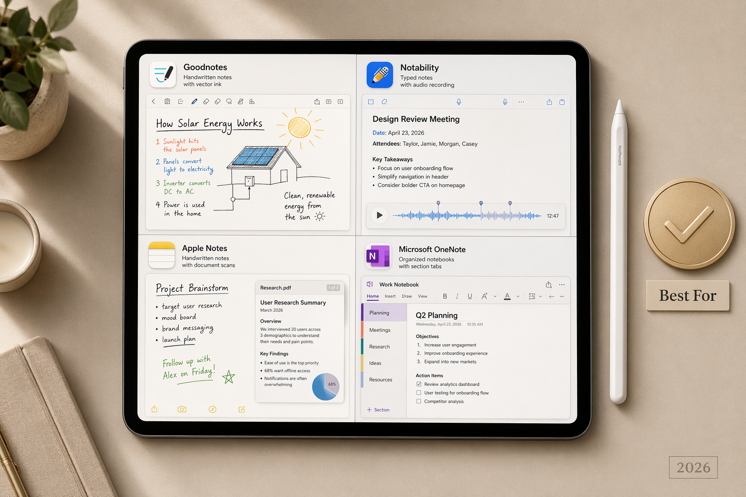 An iPad Pro on a flat surface showing a split-screen grid of four note-taking apps: Goodnotes, Notability, Apple Notes, and OneNote. An Apple Pencil rests beside the device. Small app icon badges, a gold checkmark badge, and a 'Best For' tag are visible near the iPad. A '2026' label appears in the corner.