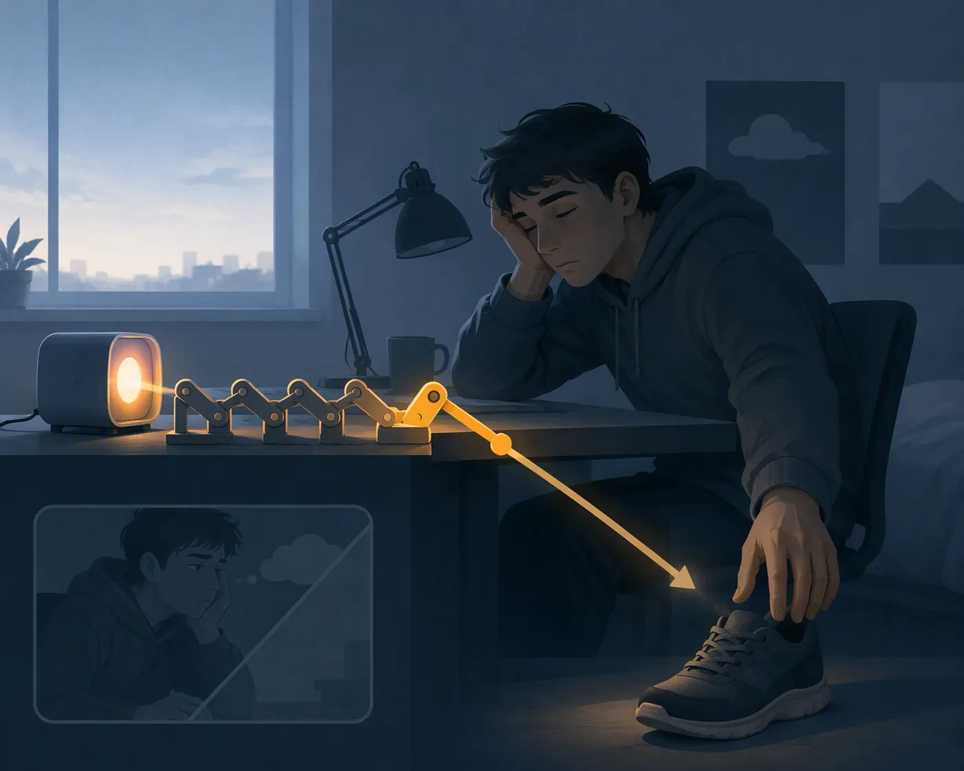 A half-awake person at an early-morning desk guided by an external alarm-like cue