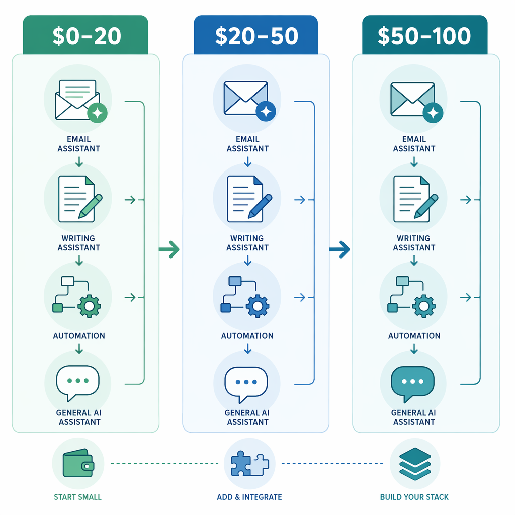 A three-column editorial graphic showing budget tiers for AI productivity tools: $0-20, $20-50, and $50-100, with tool icons arranged by complexity.