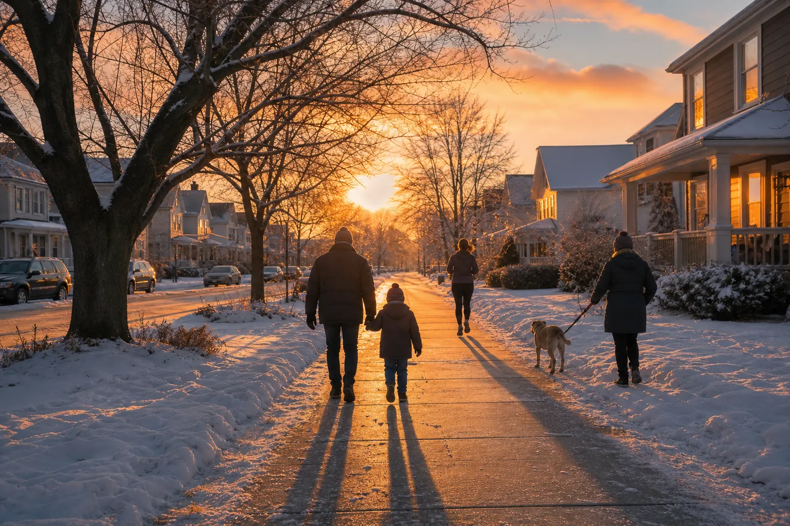 Parent and child walking in a snowy residential neighborhood during lingering winter daylight after 5 p.m.
