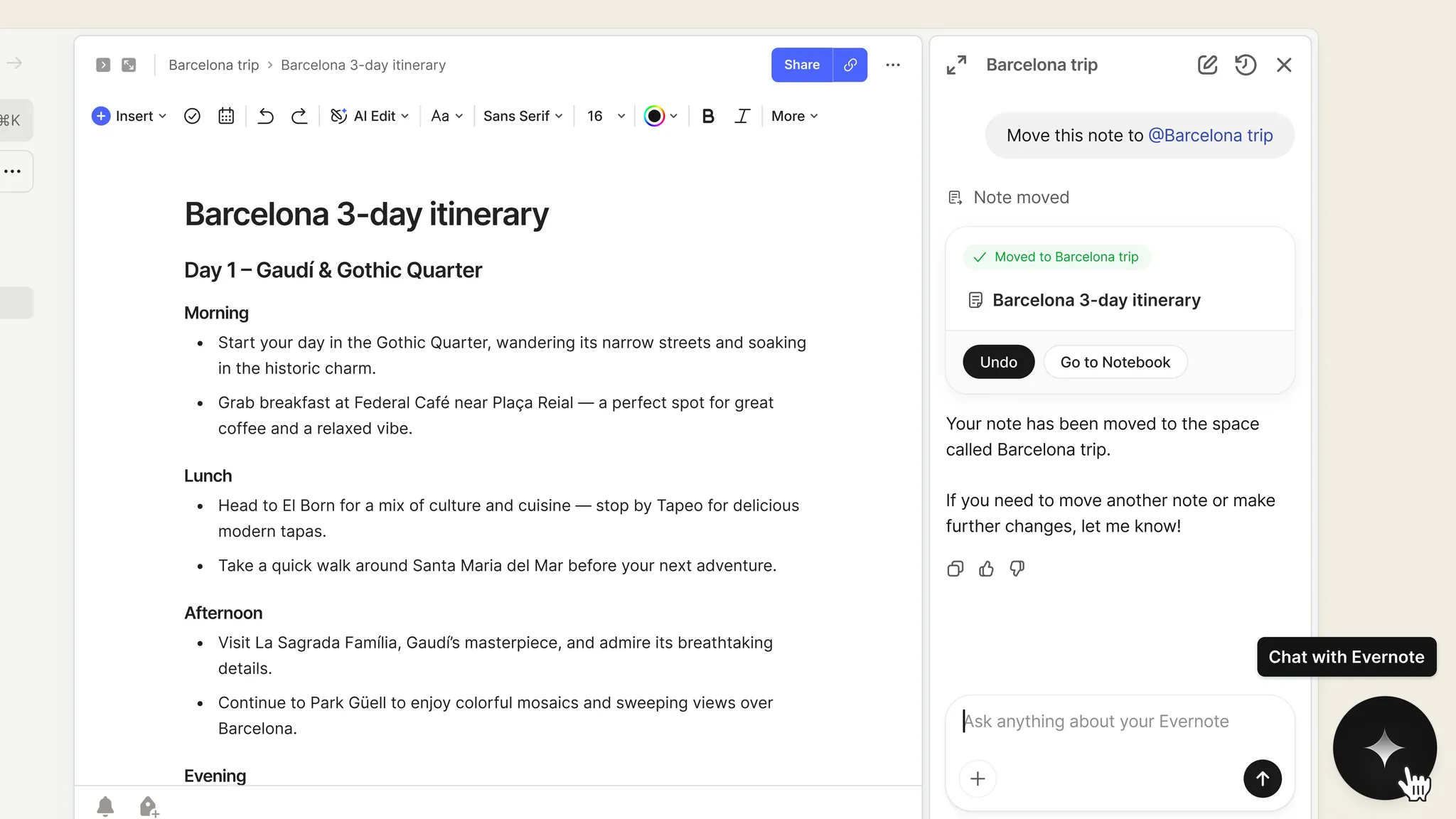 Evernote v11 desktop app with the AI Assistant panel open over a note