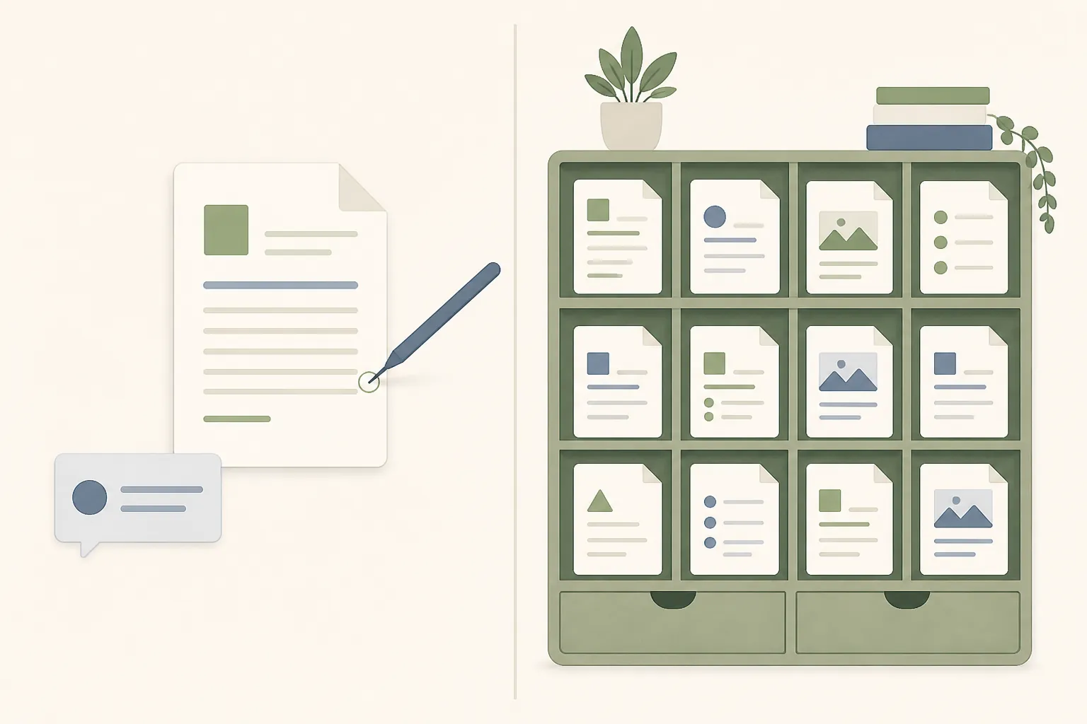 A single document being edited beside a chat contrasted with a structured grid of organized note cards