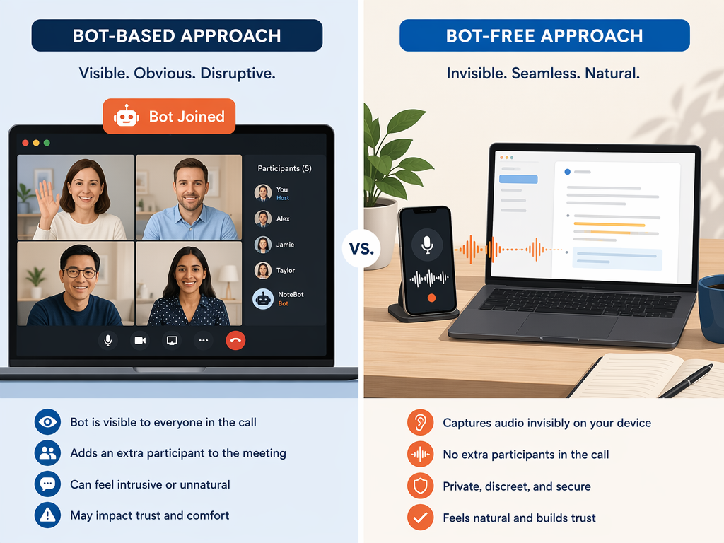 Split-screen flat illustration contrasting a video call with a visible bot participant on the left and invisible device capture on the right.