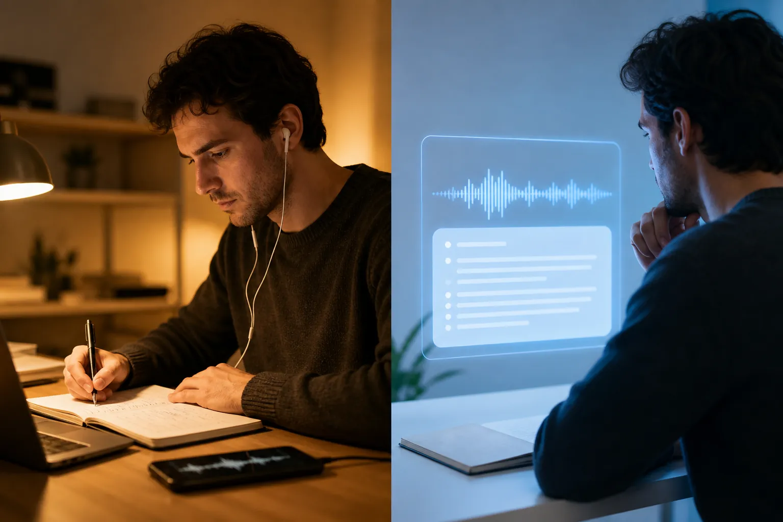 Two note-taking workflows comparing manual transcription with an automatic AI-generated audio summary