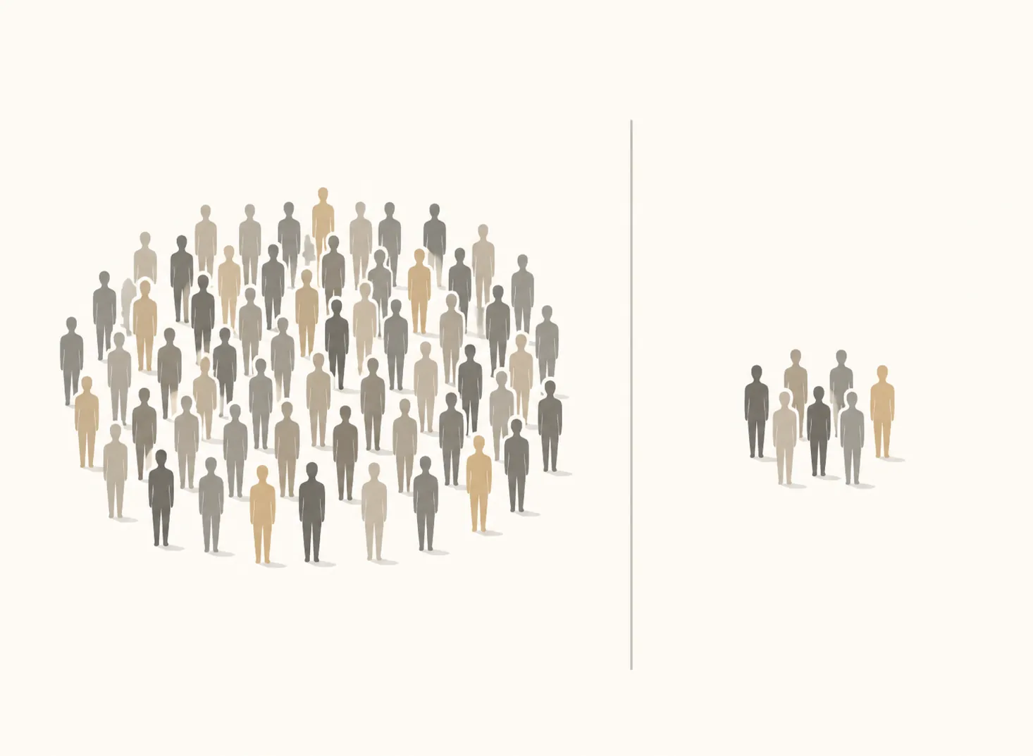 Illustration showing a large group beside a much smaller group to represent how reported prevalence changes with survey wording