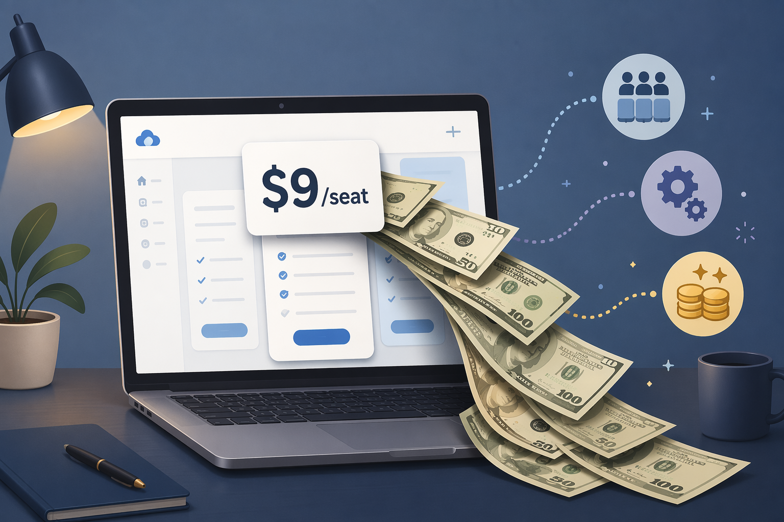 A laptop on a desk showing a SaaS pricing page with '$9/seat' on screen, with hidden dollar bills cascading out from behind the price tag.