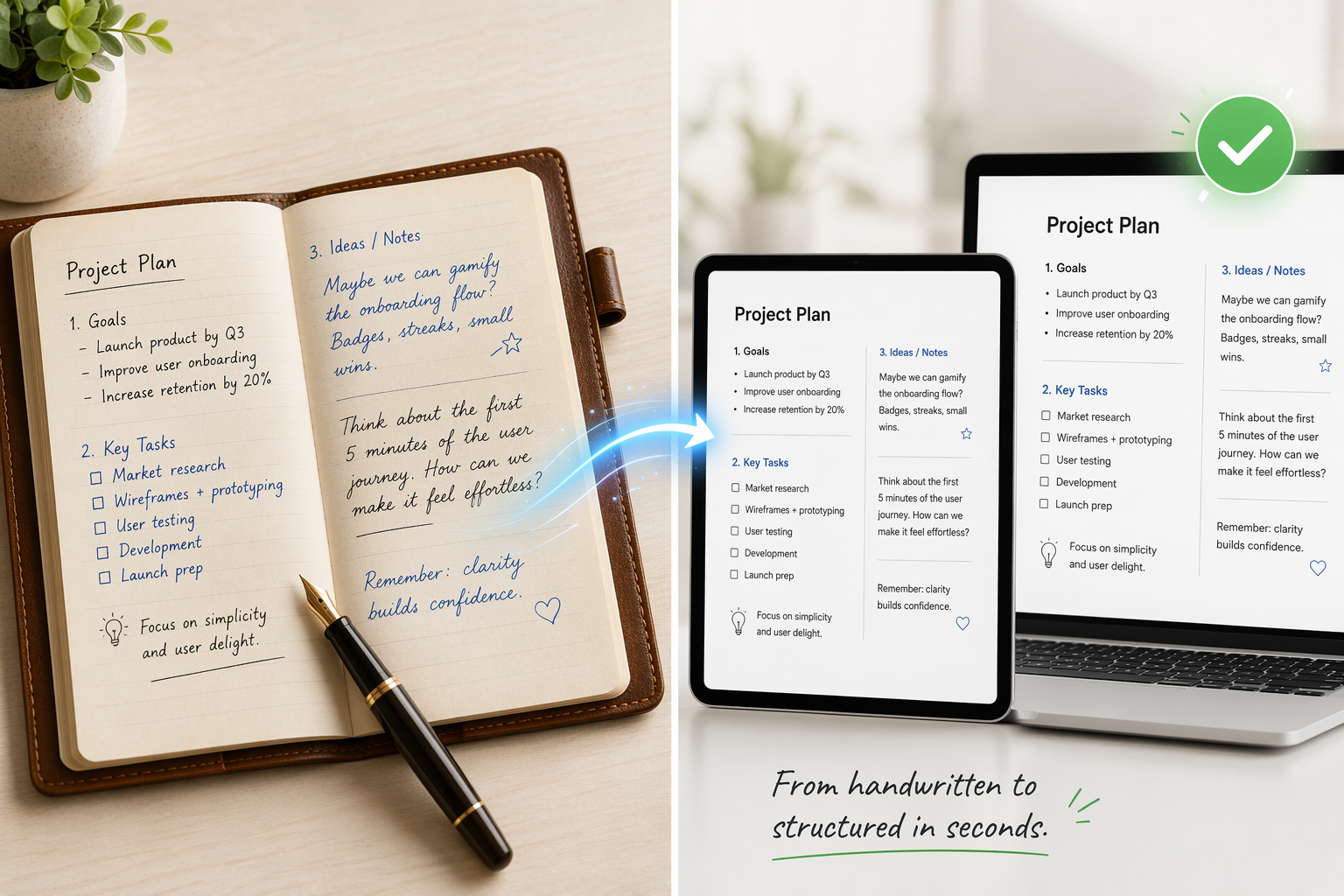 Split-screen illustration showing handwritten notes on the left transforming into clean digital text on a tablet and laptop on the right, connected by a glowing blue arc with a checkmark.