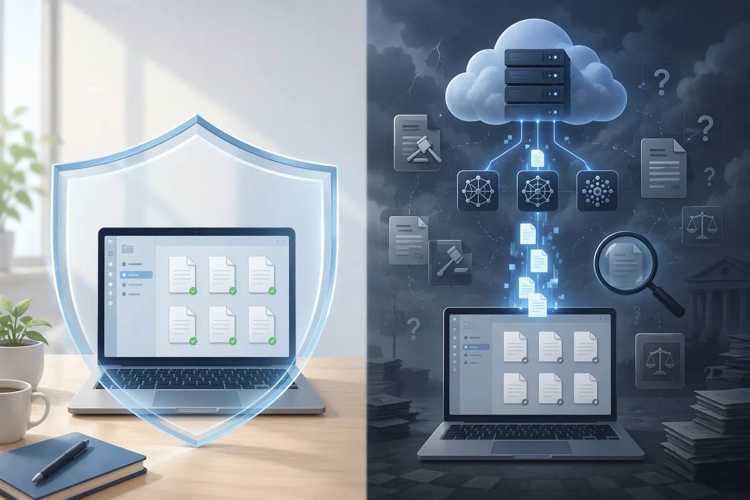Local markdown files protected on one side and cloud AI processing chains under legal pressure on the other