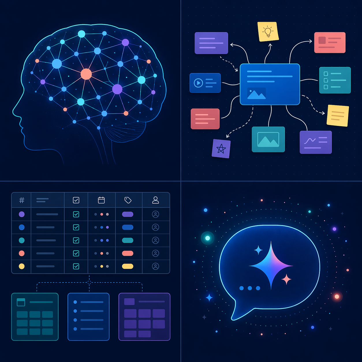 A 2x2 grid infographic on a deep navy background with cyan and coral accents showing four thinking styles: networked thought, visual/spatial thinking, structured/database thinking, and AI-native thinking.
