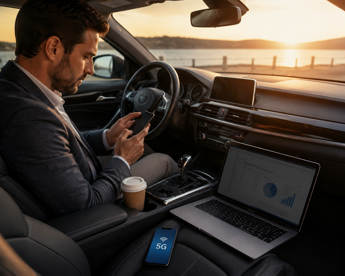 Professional working from a parked car with a laptop and smartphone showing 5G signal