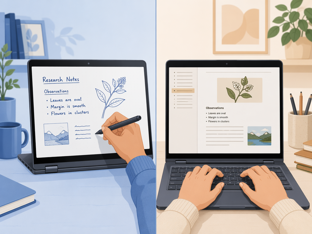Split illustration of stylus handwriting on a Chromebook screen and typed research notes on a keyboard