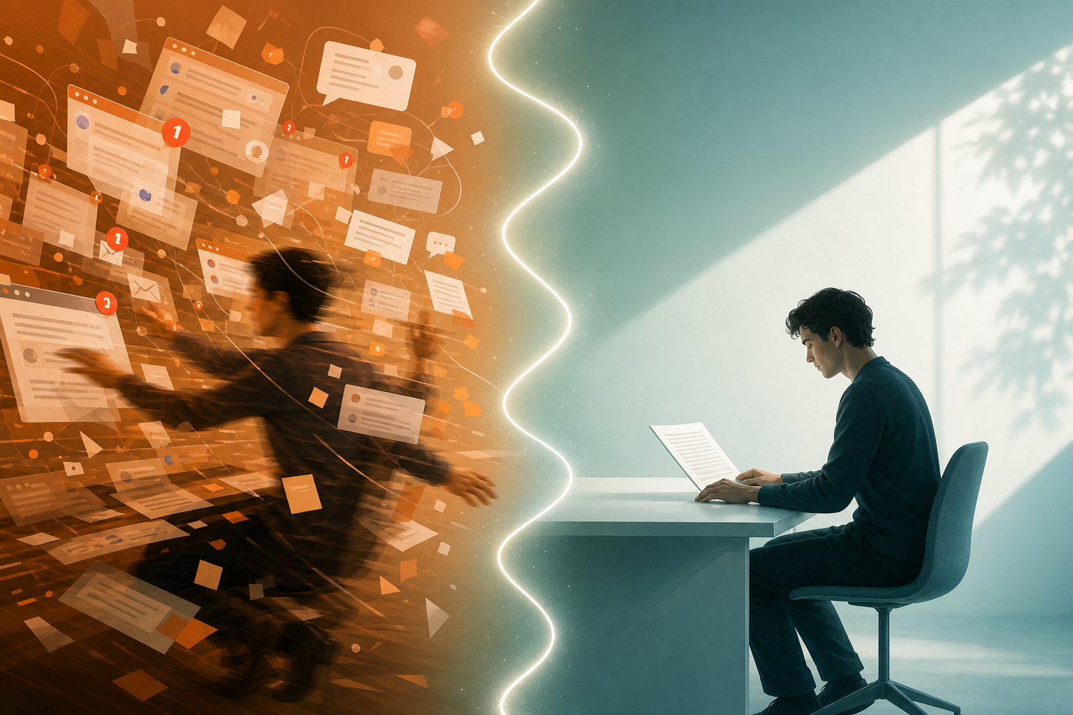 Split-panel illustration contrasting a fragmented, distraction-filled workspace on the left with a calm, focused single-task workspace on the right, connected by a sine wave representing biological rhythm.
