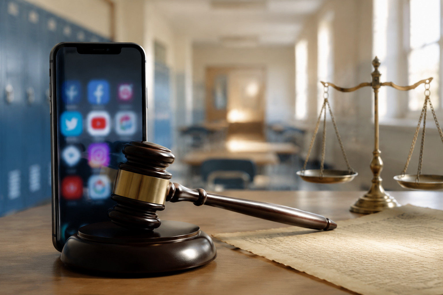Smartphone with blurred social media icons overlapped by a wooden gavel in a school hallway and courthouse setting