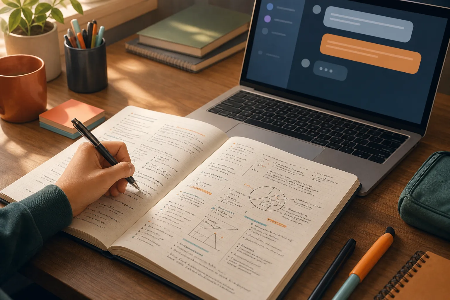 A study desk where handwritten notes dominate the foreground while a laptop shows an abstract AI chat interface beside them