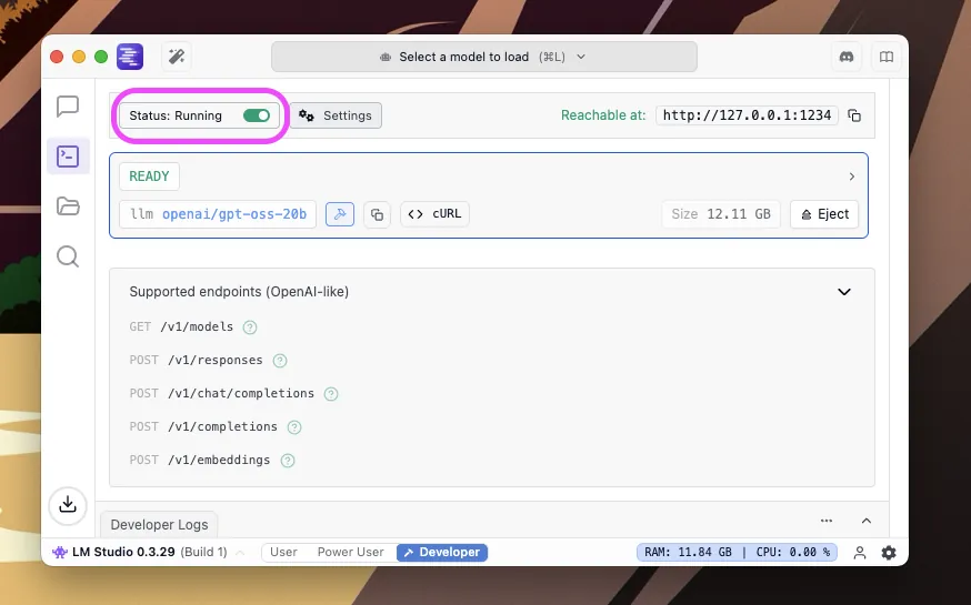 LM Studio local server interface exposing a local model through an OpenAI-compatible API endpoint