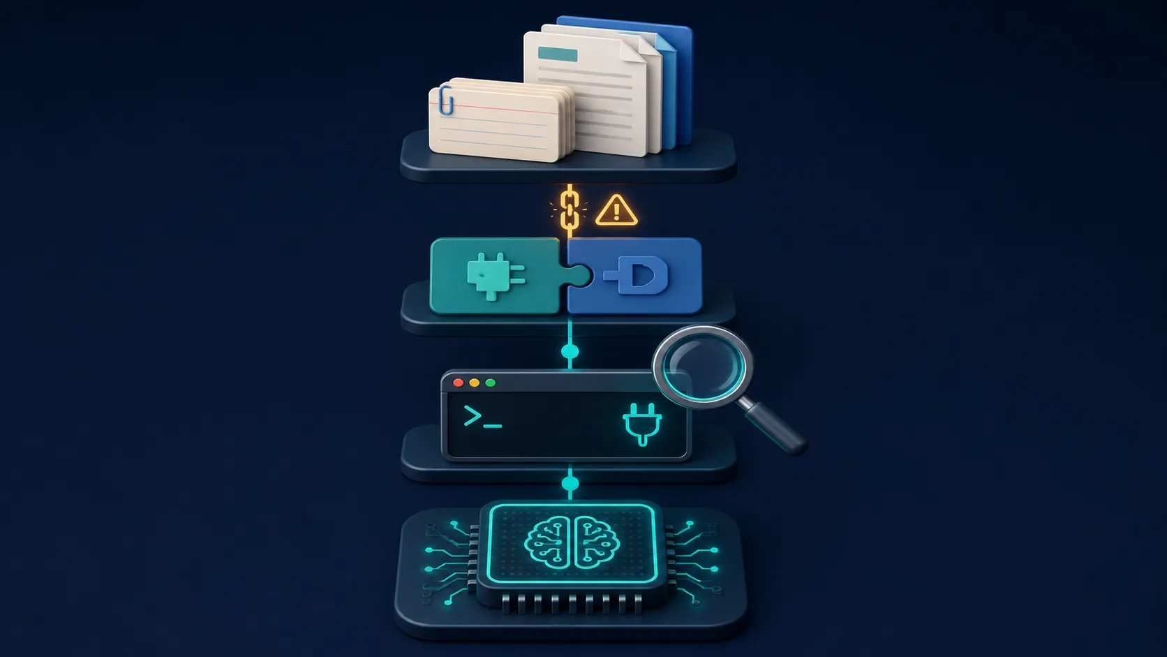 Four-layer diagram showing notes, an Obsidian plugin bridge, a localhost gateway, and a local AI chip with a warning marker at the connection