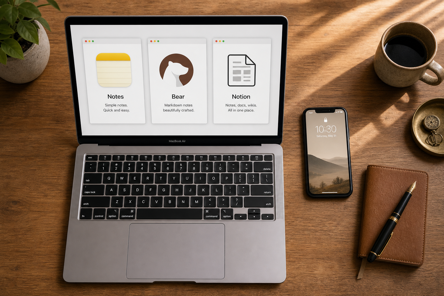 Flat-lay composition on a warm wooden desk showing a MacBook screen with three simplified note app window icons side by side (a notepad, a bear silhouette, and a document page), an iPhone lying next to it, and a small leather notepad with a fountain pen.