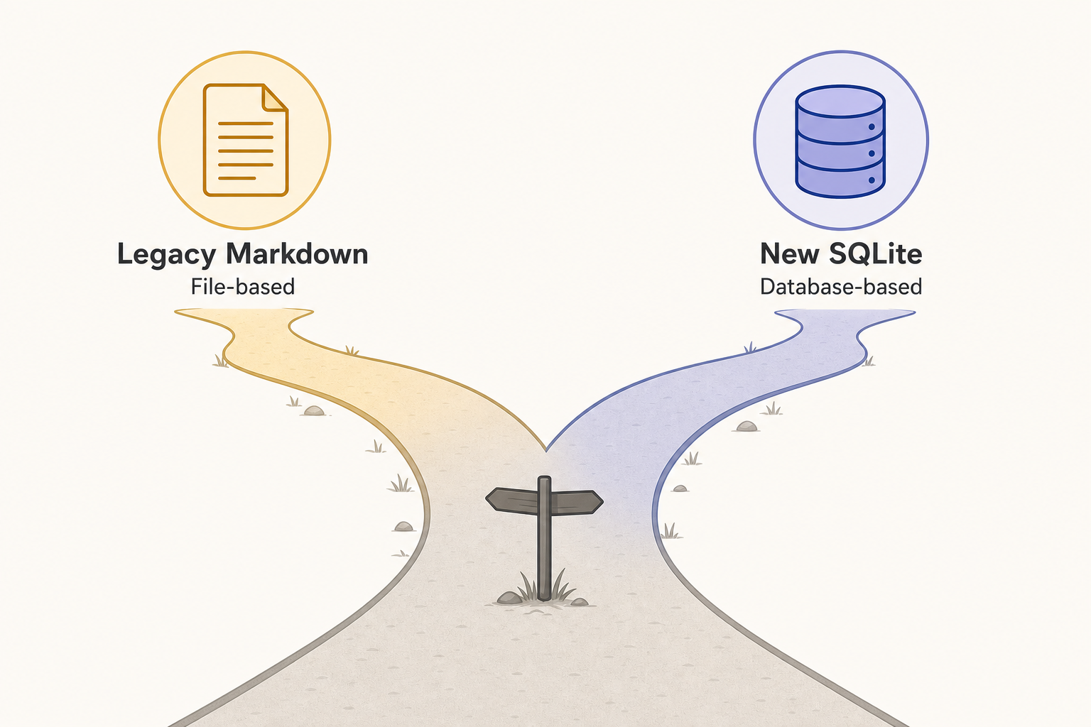 Flat editorial diagram showing a single path forking into two routes: one leading to a plain-text document icon in amber representing the legacy Markdown version, and one leading to a database cylinder in blue-purple representing the new SQLite DB version.