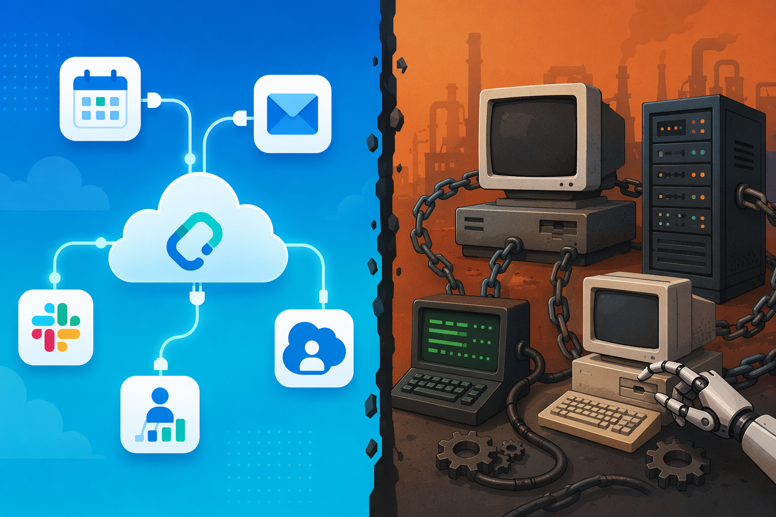 Split view comparing connected SaaS apps with a legacy desktop and on-premise automation environment