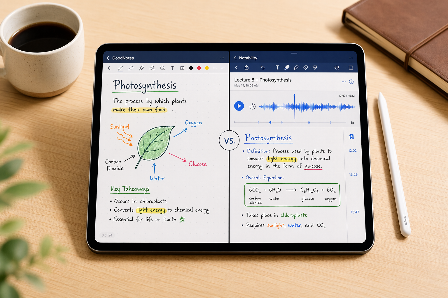 An iPad Pro on a light wood desk displaying a split-screen view of GoodNotes (handwritten notebook with diagrams) and Notability (lecture waveform with synced notes), with an Apple Pencil beside it.