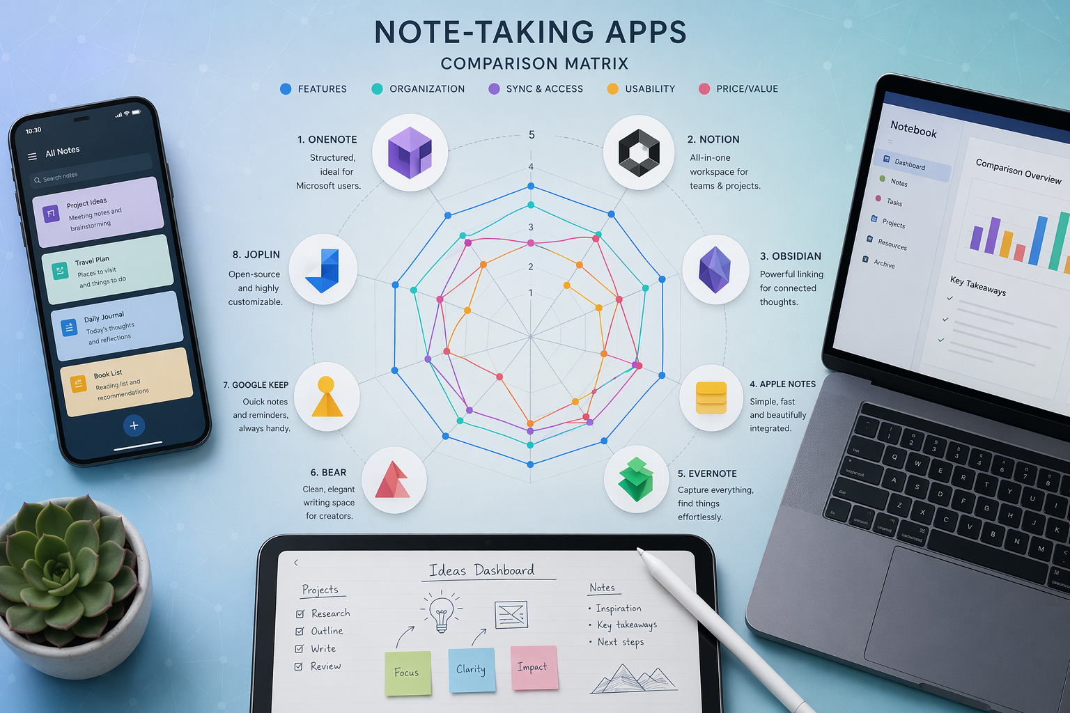 A flat-lay composition with a smartphone, tablet, and laptop arranged around a radar comparison chart showing eight note-taking app icons plotted against rating dimensions.