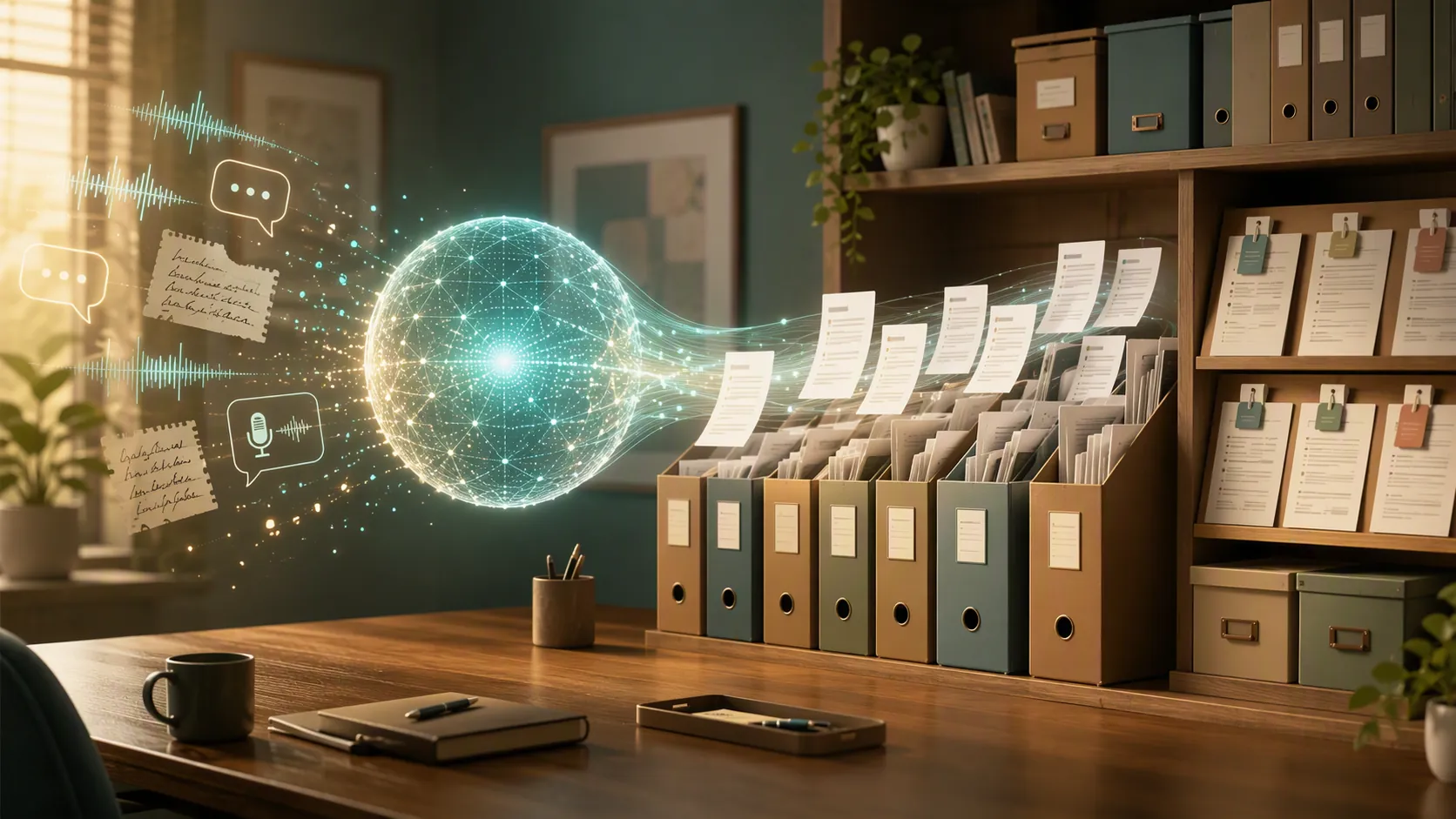 Voice waveforms, speech bubbles, and handwritten notes flowing through an AI sphere into organized folders and tagged documents