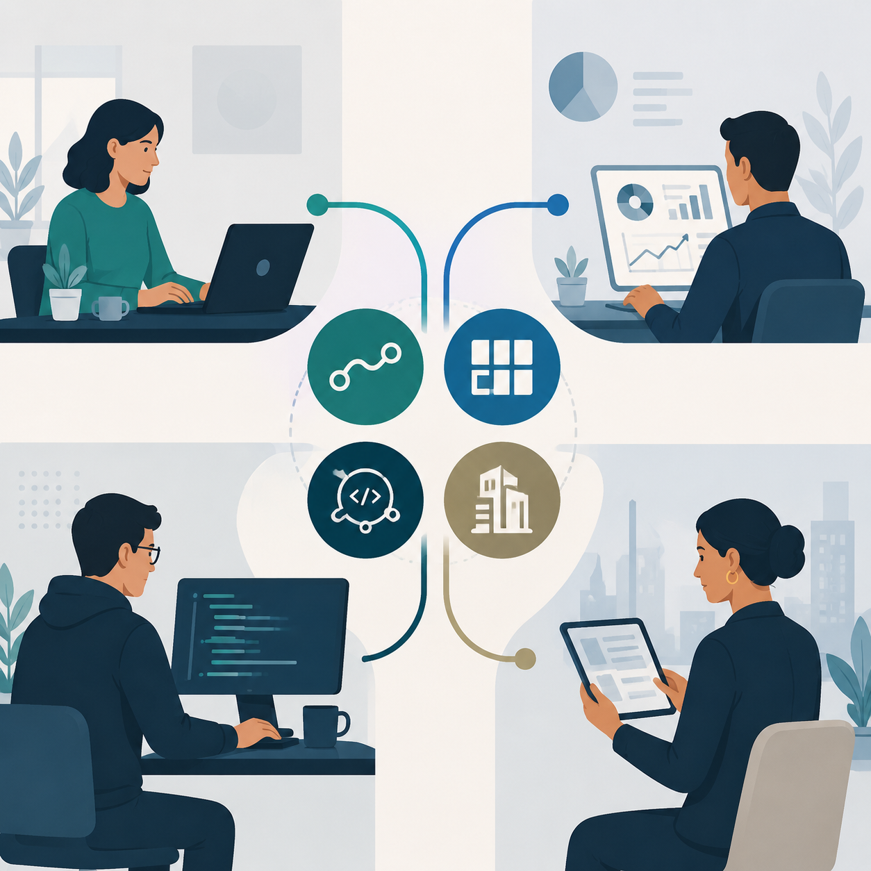 Four user profiles connected to distinct workflow automation platform types