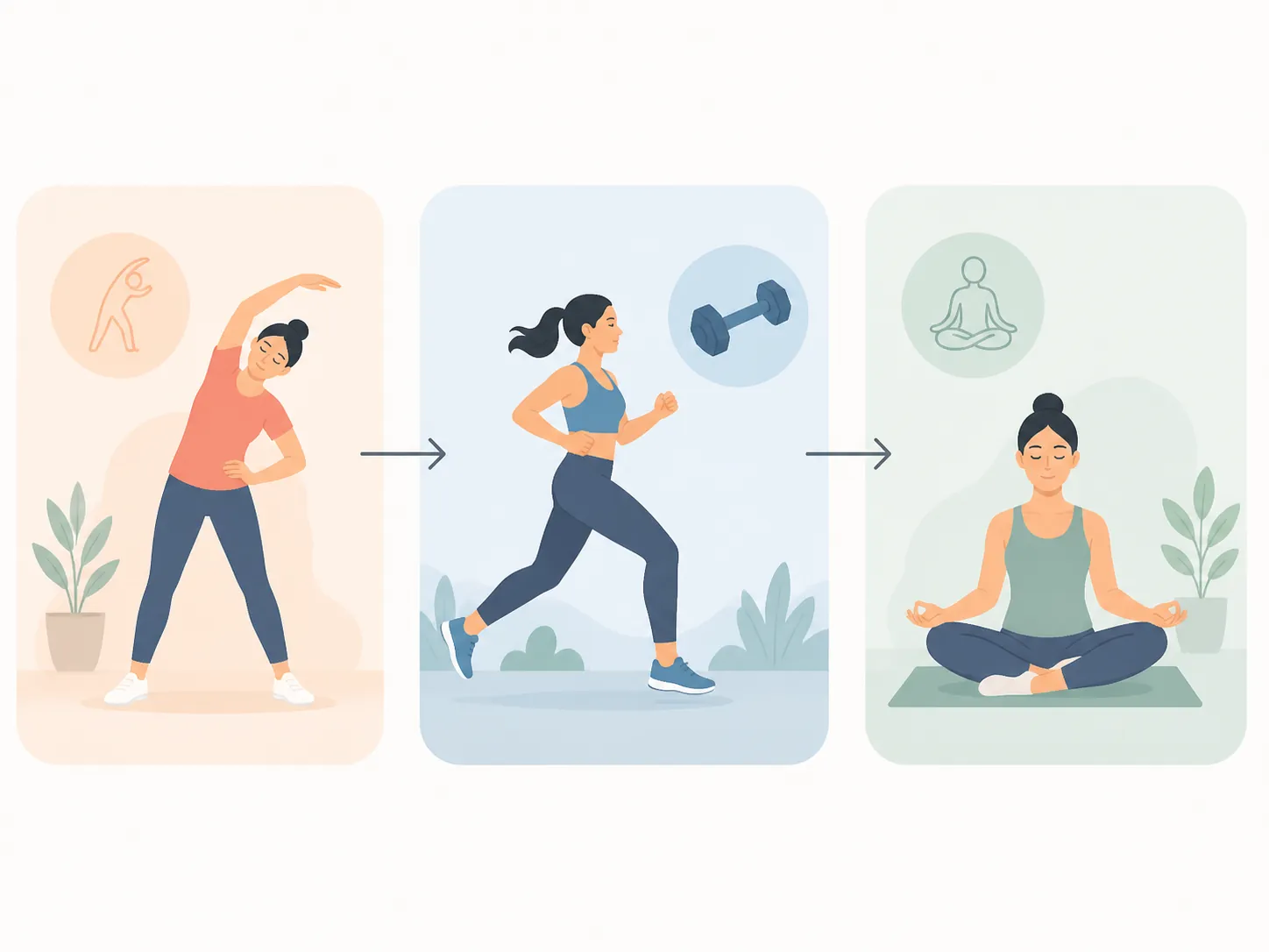 A simple three-step workout flow illustration showing warm-up movement, a main exercise block, and cooldown breathing