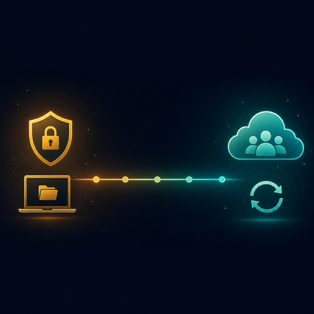 A dark navy flat vector illustration showing a visual spectrum with a shield and local device icon on the left in amber glow, a cloud and sync arrows icon on the right in teal glow, and a smooth gradient bridge connecting both sides.