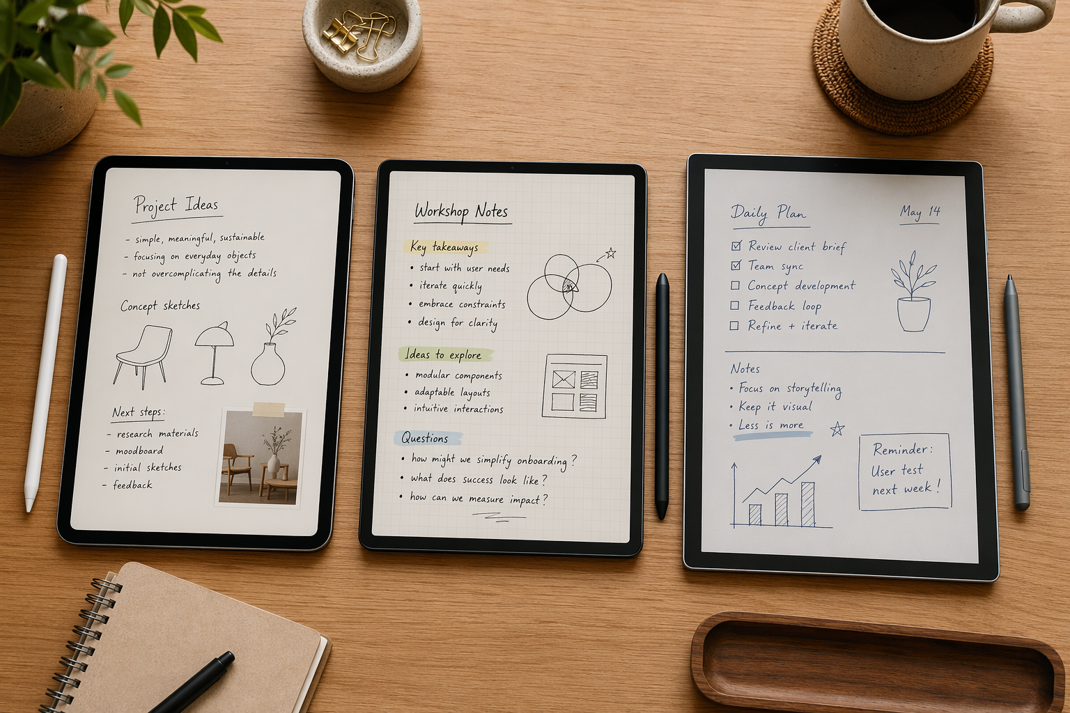 Three stylus tablets on a wooden desk showing different handwritten note styles