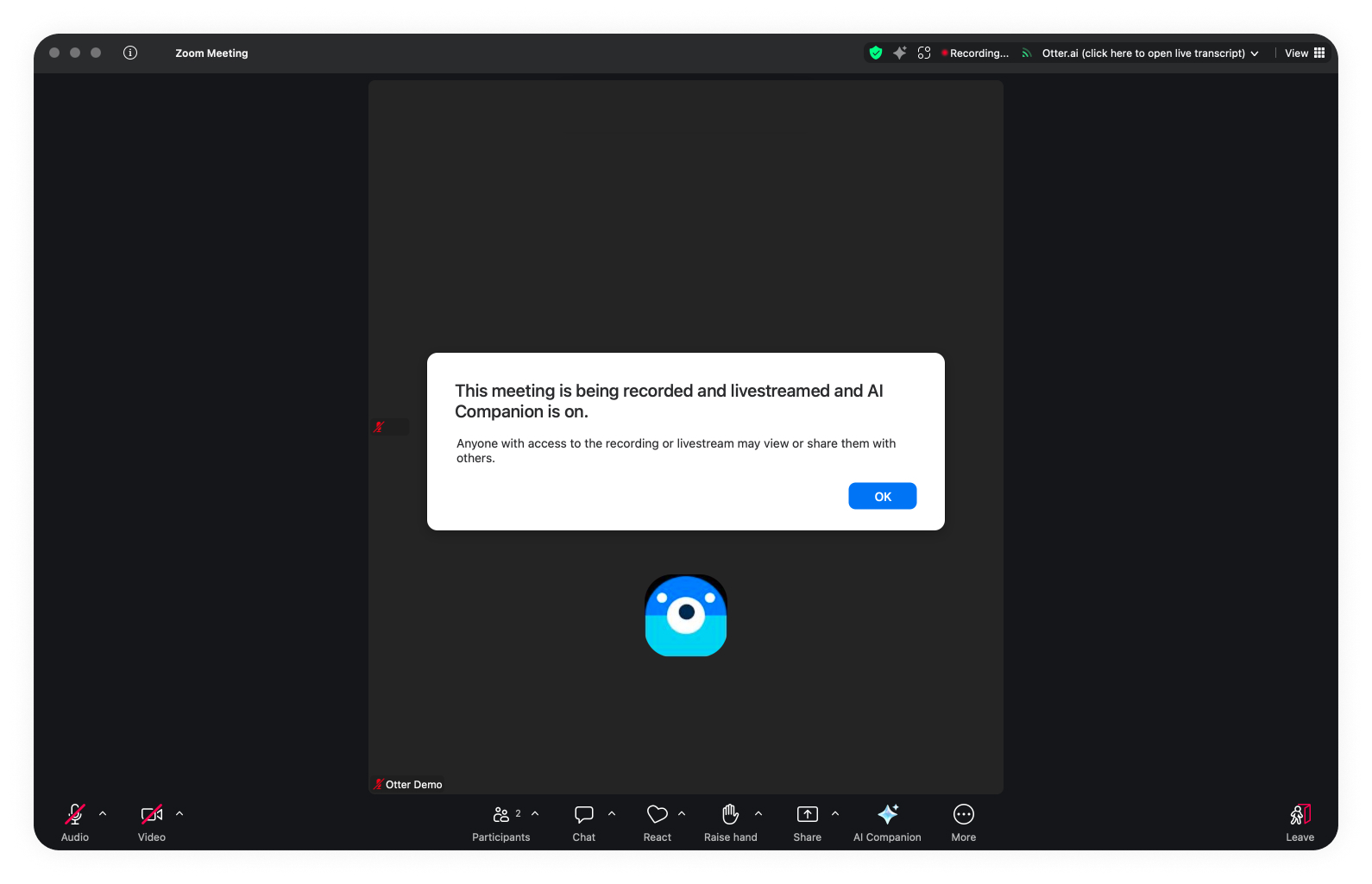 Otter.ai live meeting transcription interface with speaker labels and waveform
