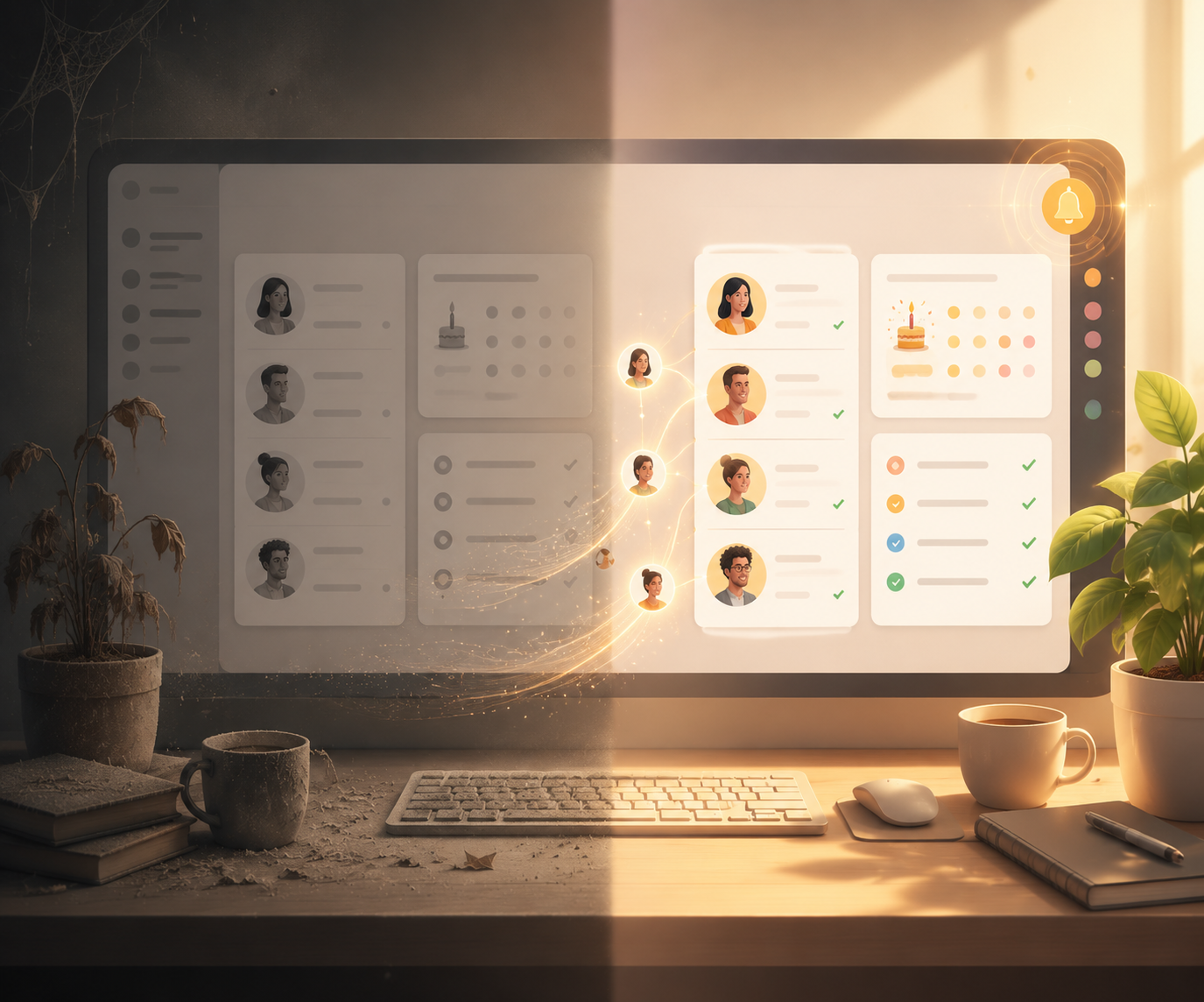 A neglected Notion CRM dashboard contrasted with an active relationship dashboard