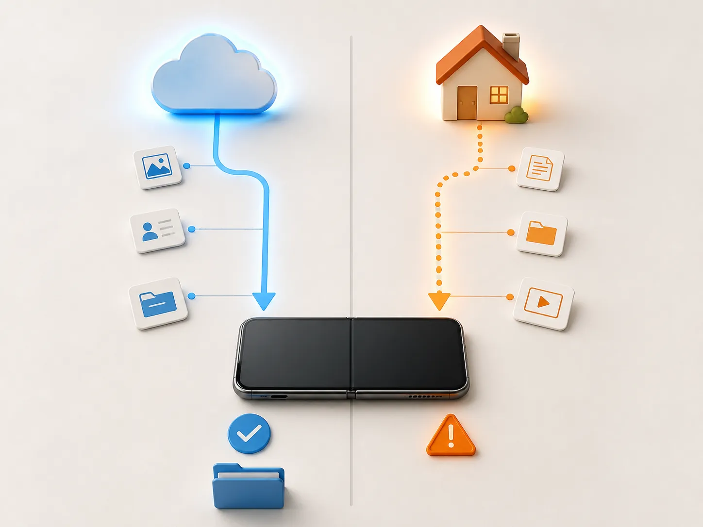 Two note migration pathways showing a cloud route and a local device route leading to a foldable phone