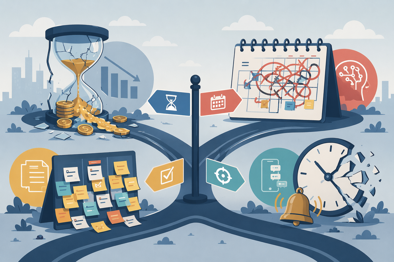 Decision tree showing lost billable hours, calendar chaos, task overwhelm, and distraction mapped to time management software categories