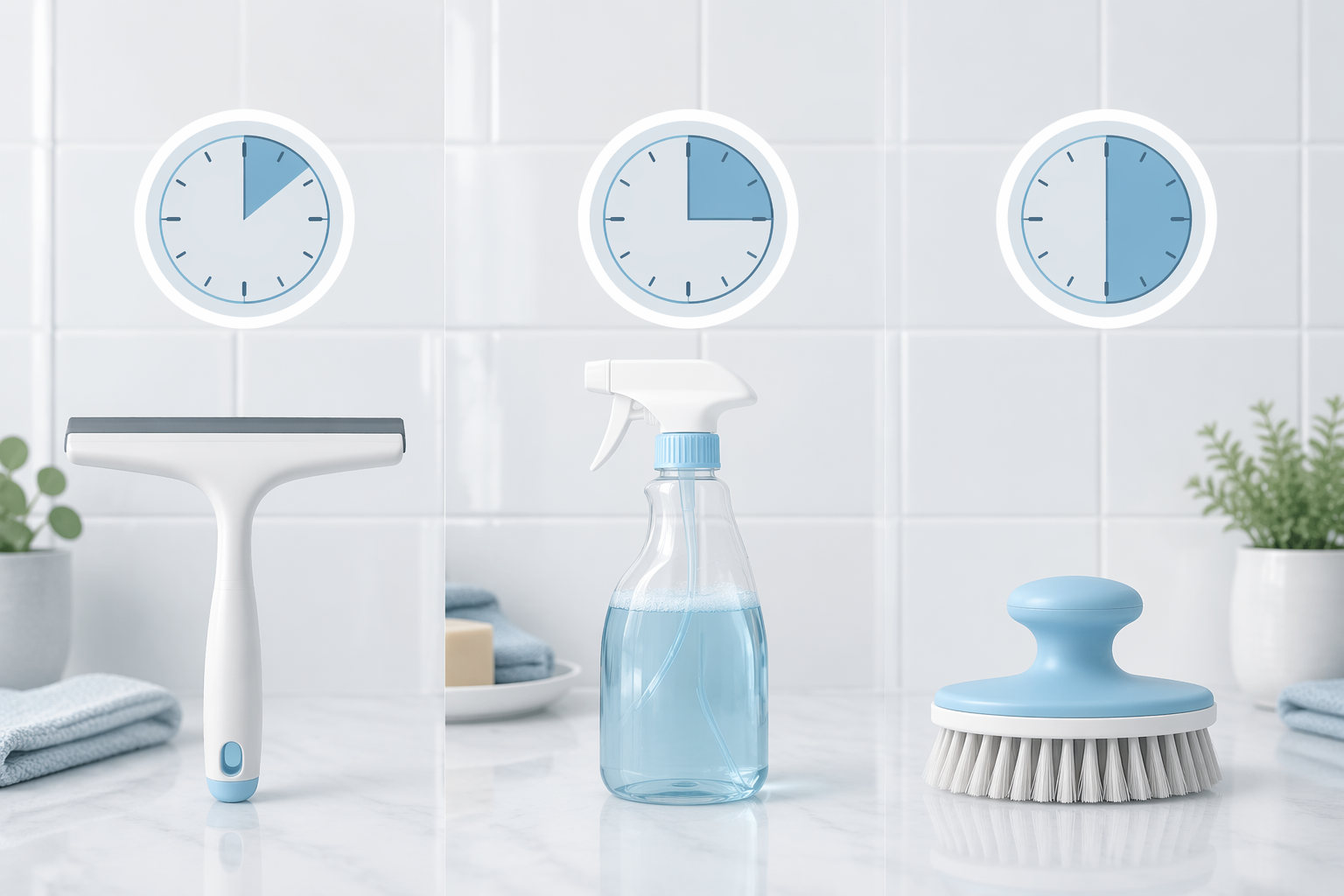 Squeegee, spray bottle, and soft scrub brush arranged on bathroom tile to show a daily weekly monthly shower-door cleaning system