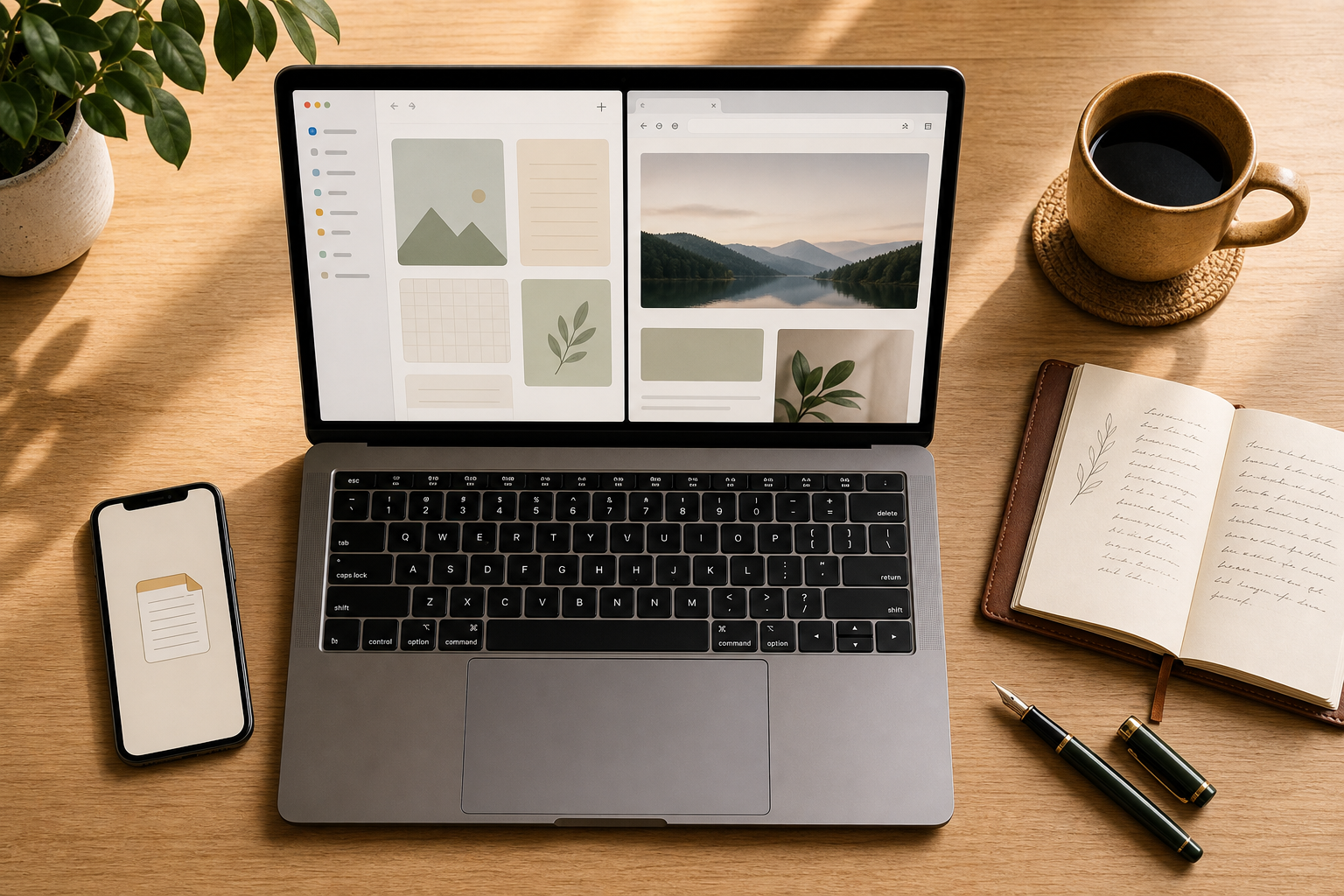 A warm-toned flat-lay desk composition showing a laptop with a split-screen note-taking interface, a smartphone, an open notebook with pen, and a coffee cup on a wooden surface.