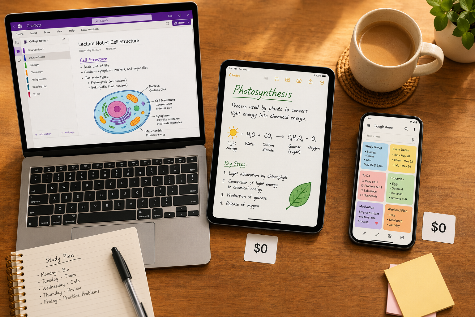 A flat-lay photograph of a student desk with a laptop showing OneNote, a tablet showing Apple Notes, and a smartphone showing Google Keep, each with a $0 price tag.