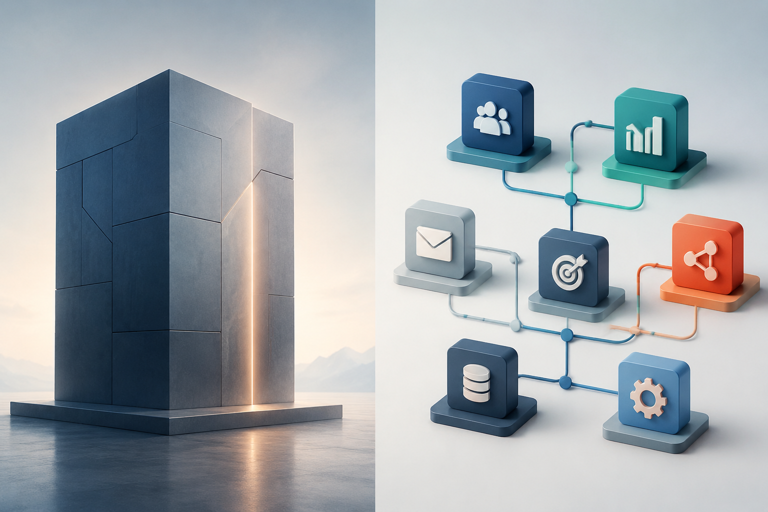 Side-by-side comparison of an all-in-one marketing suite and a connected best-of-breed tool stack
