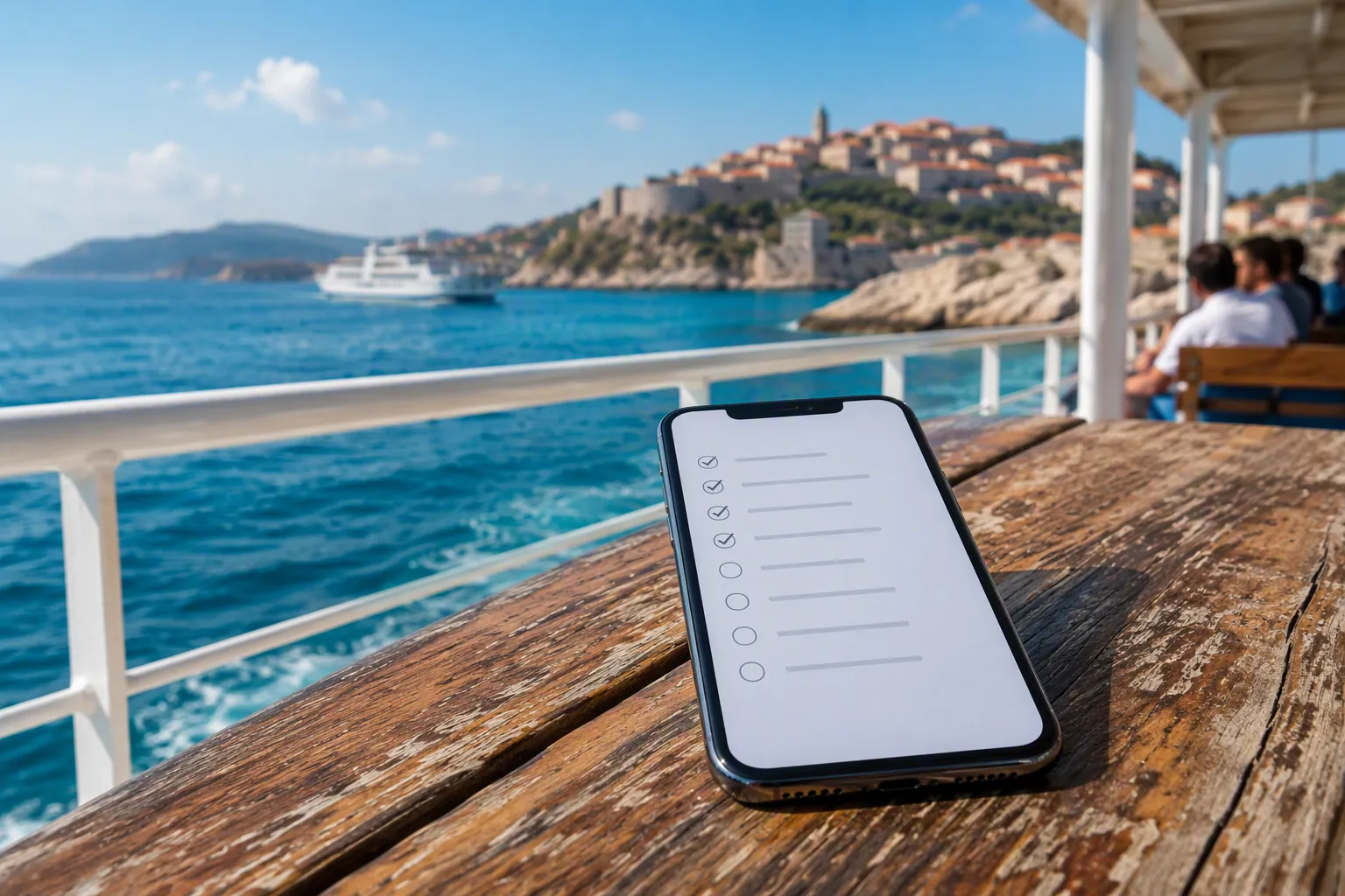 Smartphone checklist on a Croatian ferry deck with Adriatic islands in the background