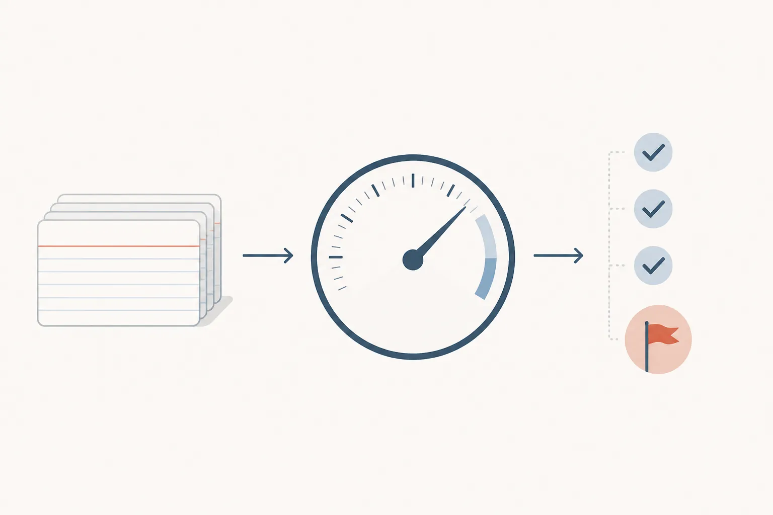 Measurement workflow moving from note cards through a gauge to checkmarks and a warning flag