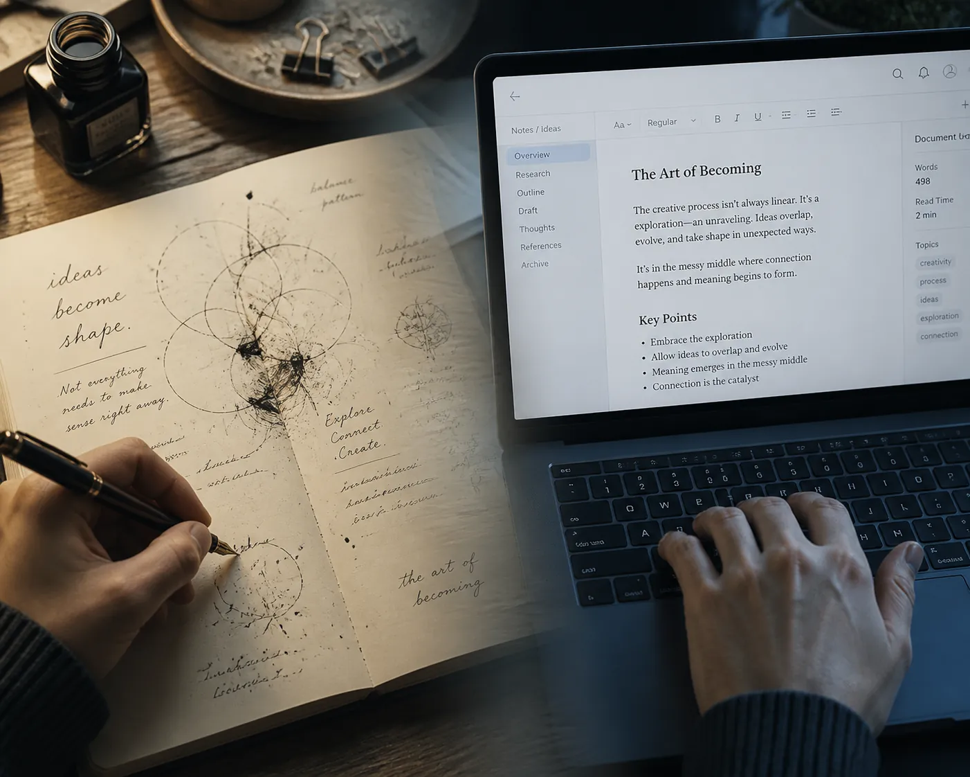 A split desk scene comparing handwriting on paper with typing on a laptop