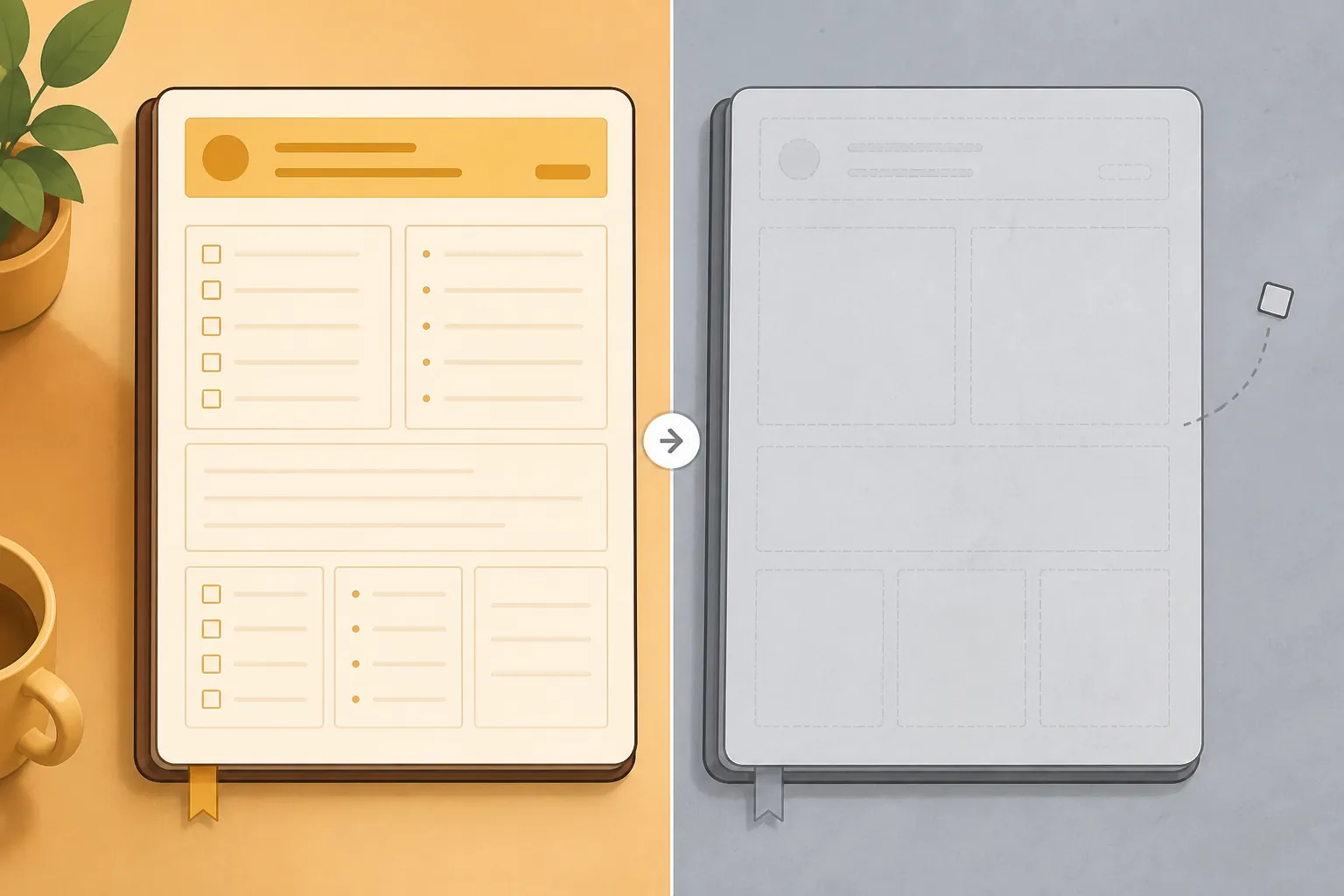 Before-and-after daily note page showing a complete template on one side and a blank page on the other