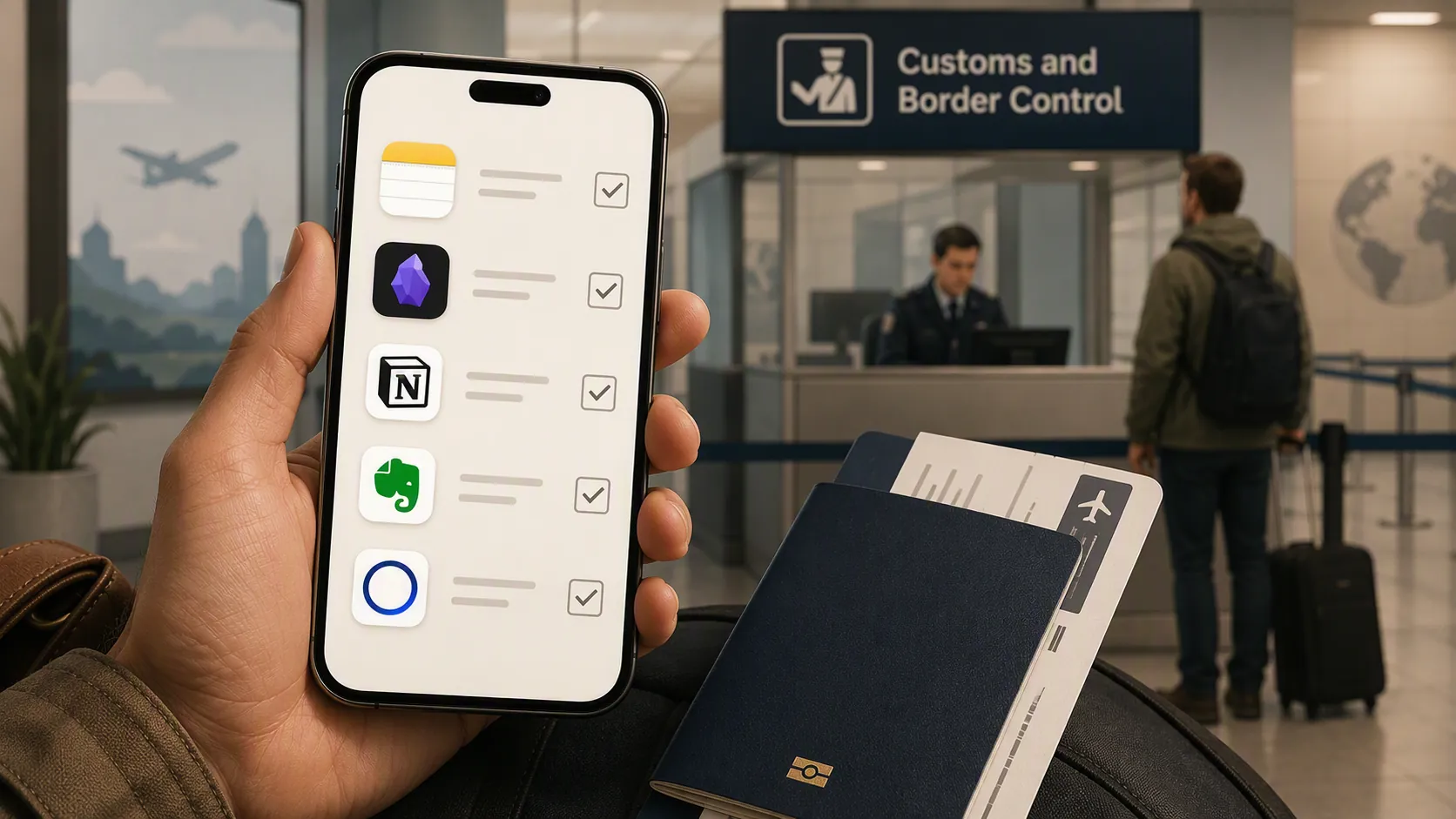 Phone with multiple note app icons shown against an airport customs backdrop