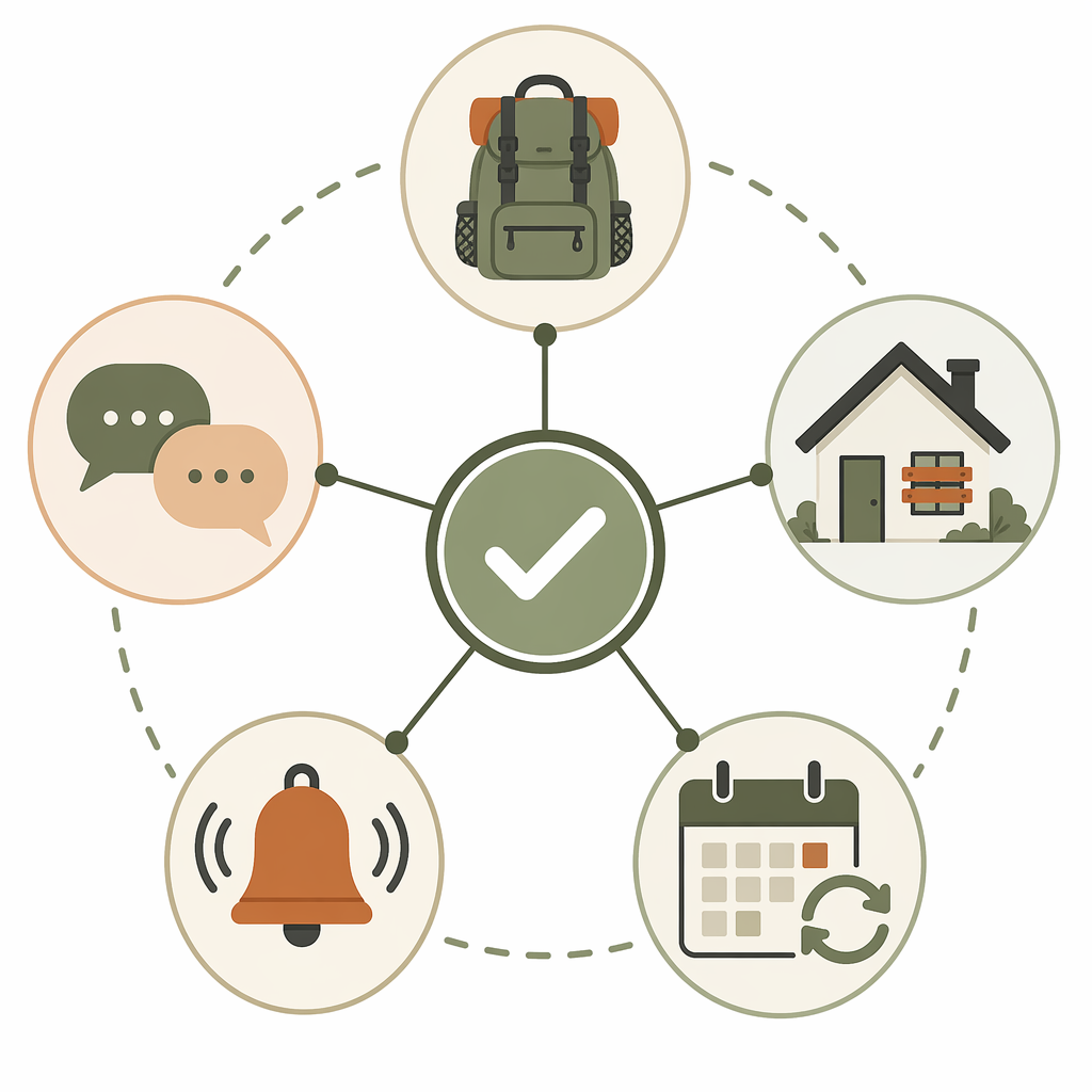 Five-part preparedness system with backpack, house, communication, alert, and calendar icons