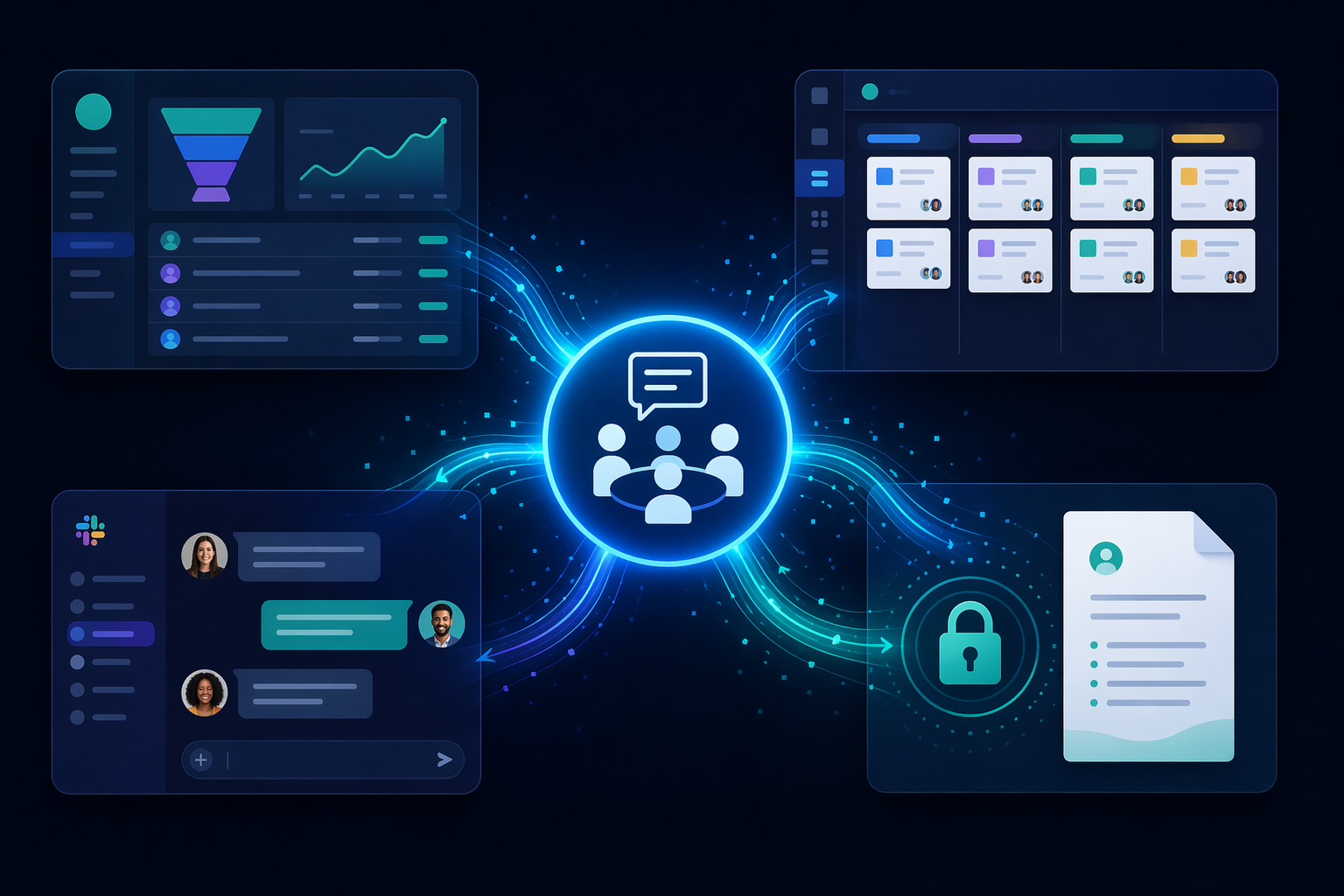 Meeting notes flowing into CRM, project management, messaging, and privacy-focused destinations