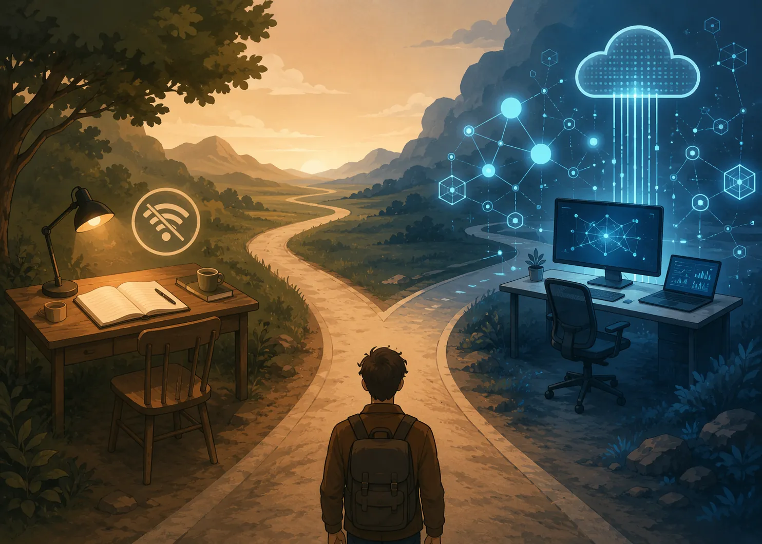 Fork in the road between a quiet desk for thinking and a glowing AI workspace for processing