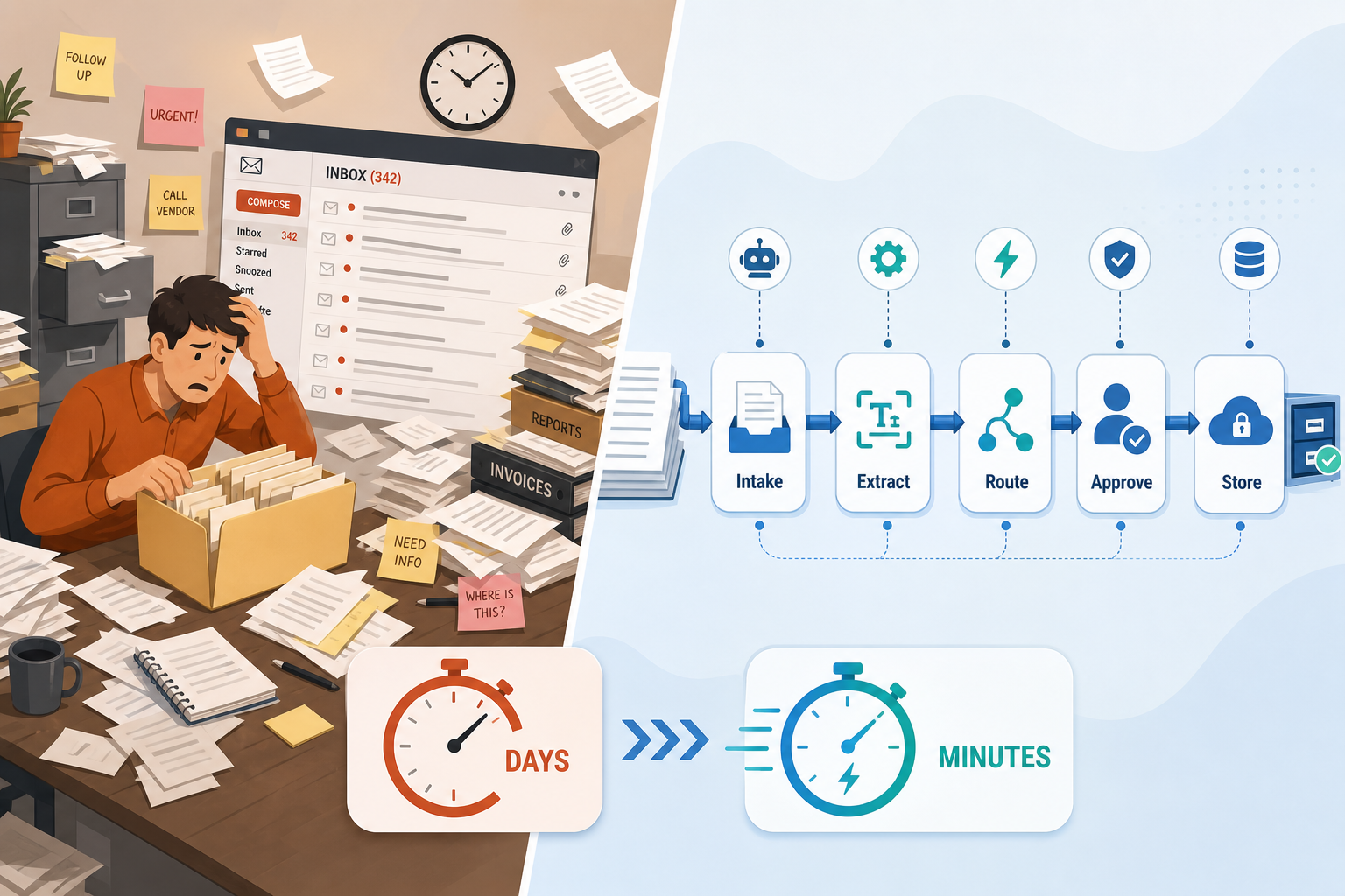 Split-screen illustration comparing a chaotic manual document workflow on the left with a streamlined automated pipeline on the right.