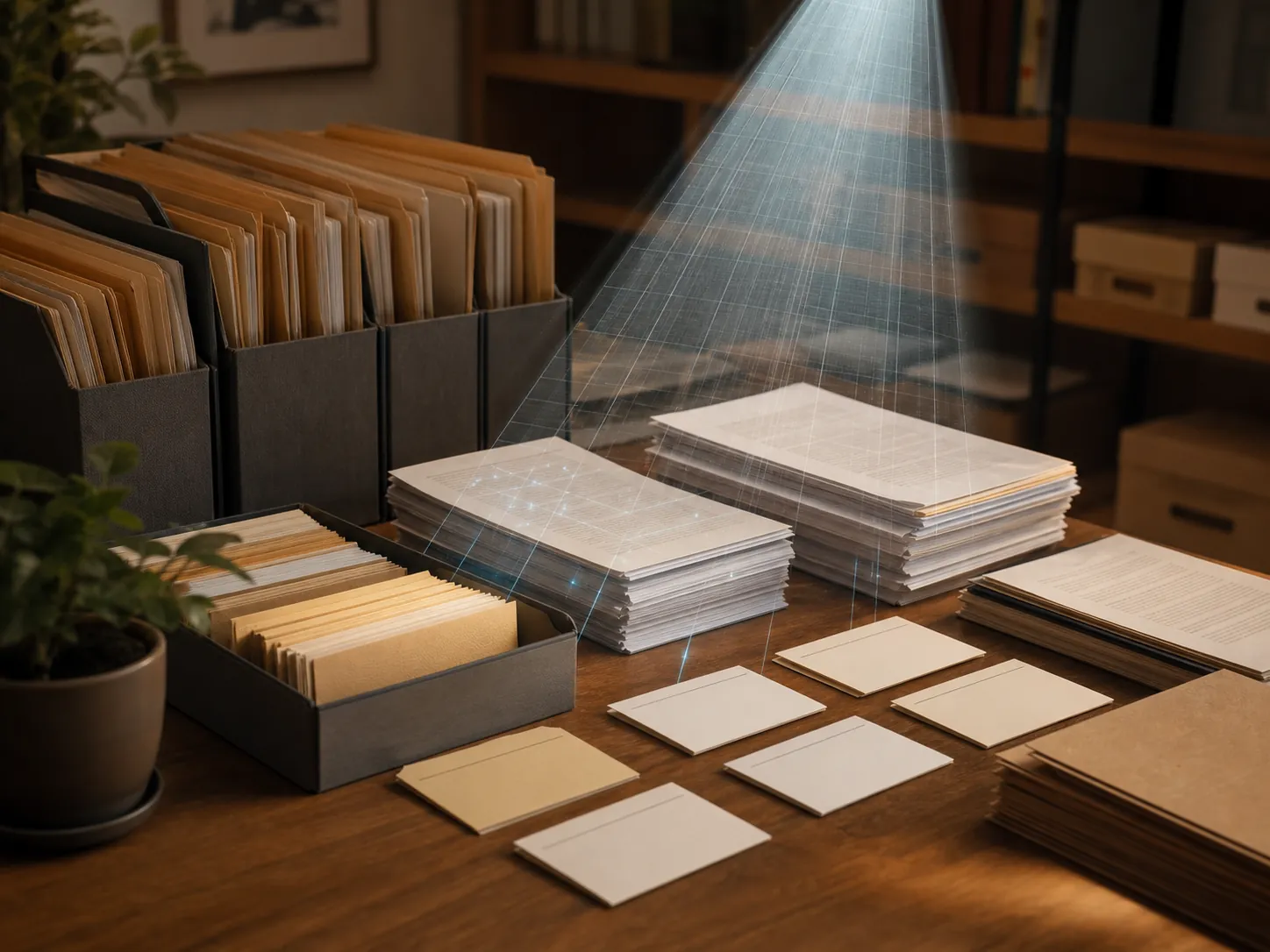 A local plain-text archive being scanned by an AI layer while the files remain on the desk