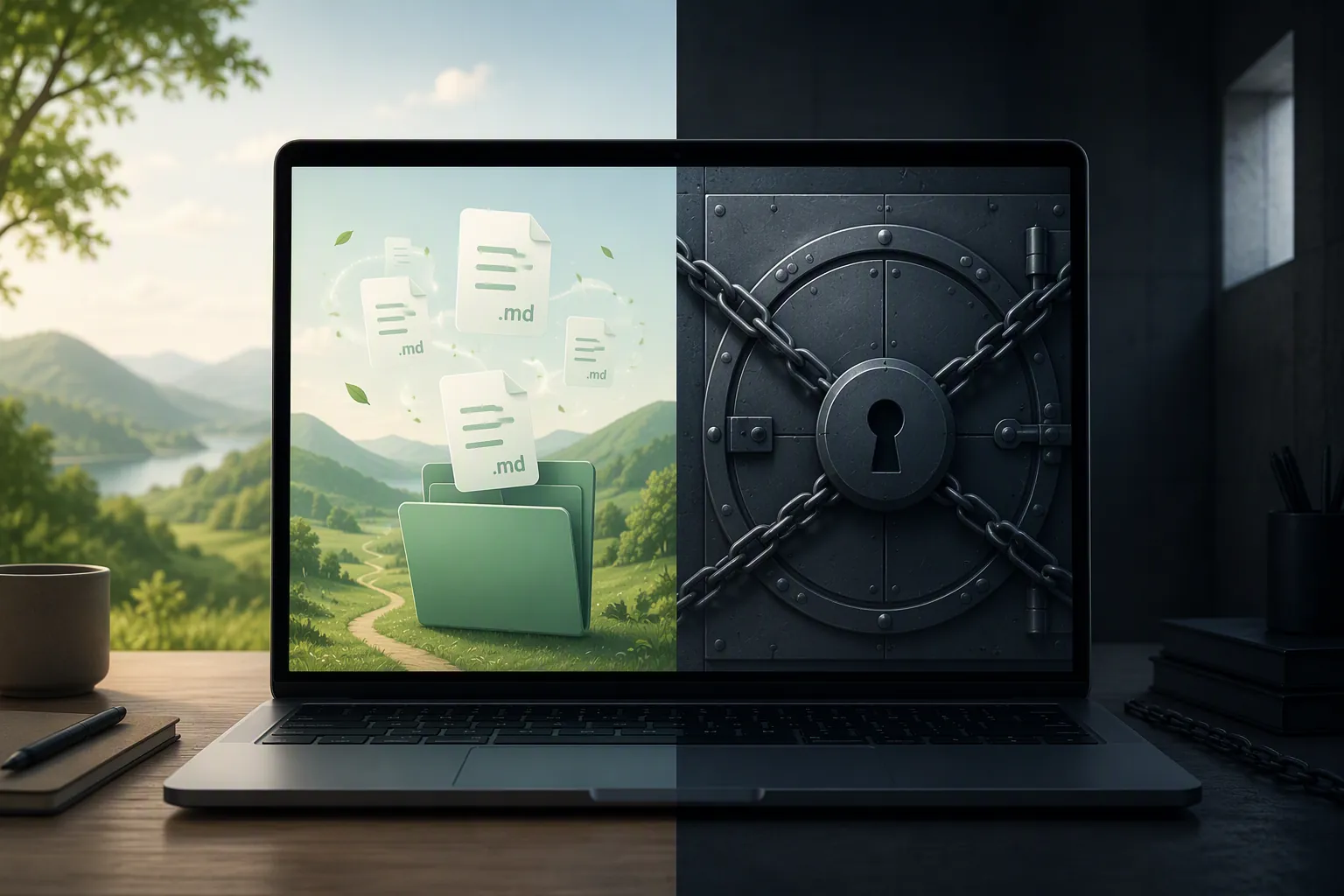 MacBook split between portable Markdown files and a locked proprietary vault