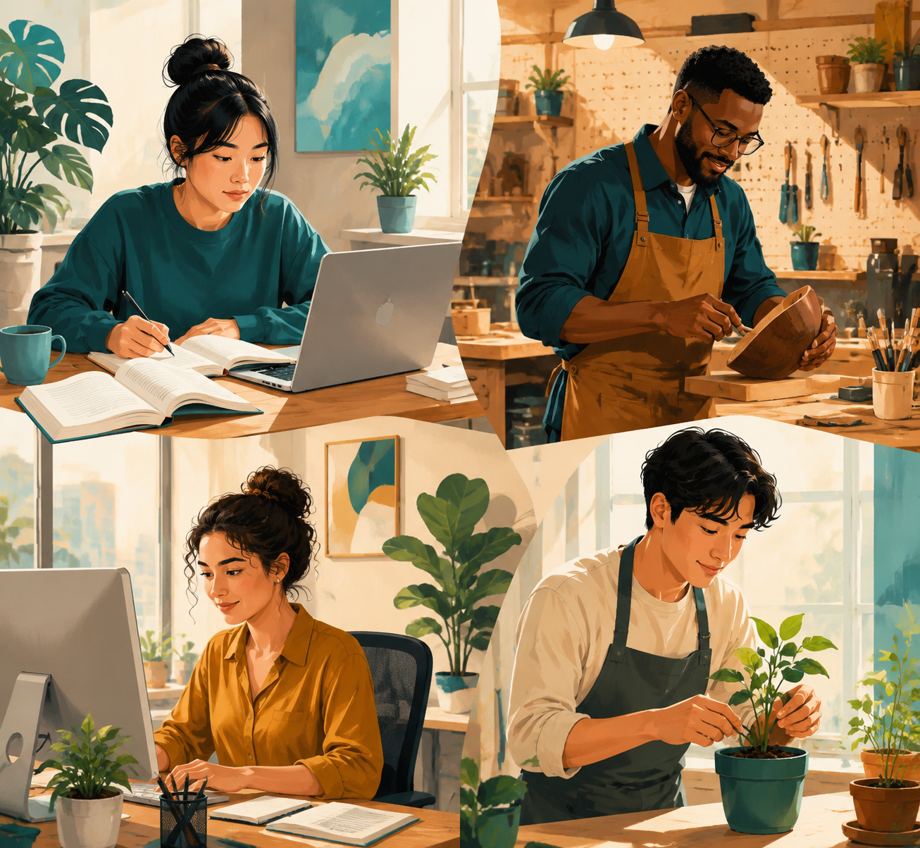 People studying, working, creating, and growing a small business after receiving more financial room
